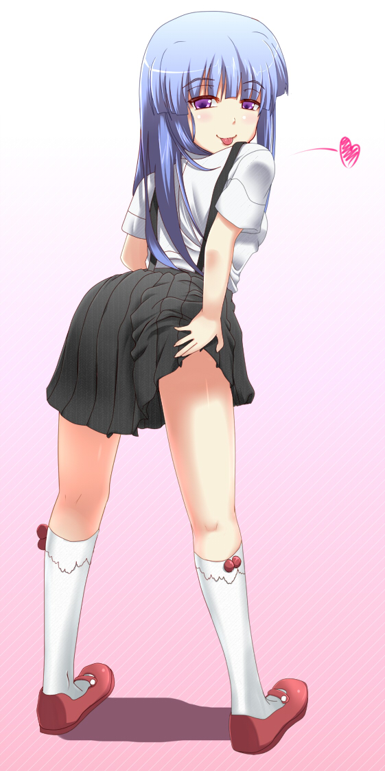 ndrdn, furude rika, higurashi no naku koro ni, 1girl, ass, blue hair, clothes lift, female focus, full body, gradient background, heart, hime cut, long hair, looking back, purple eyes, school uniform, shoes, skirt, skirt lift, socks, solo, standing, suspender skirt, suspenders, tongue
