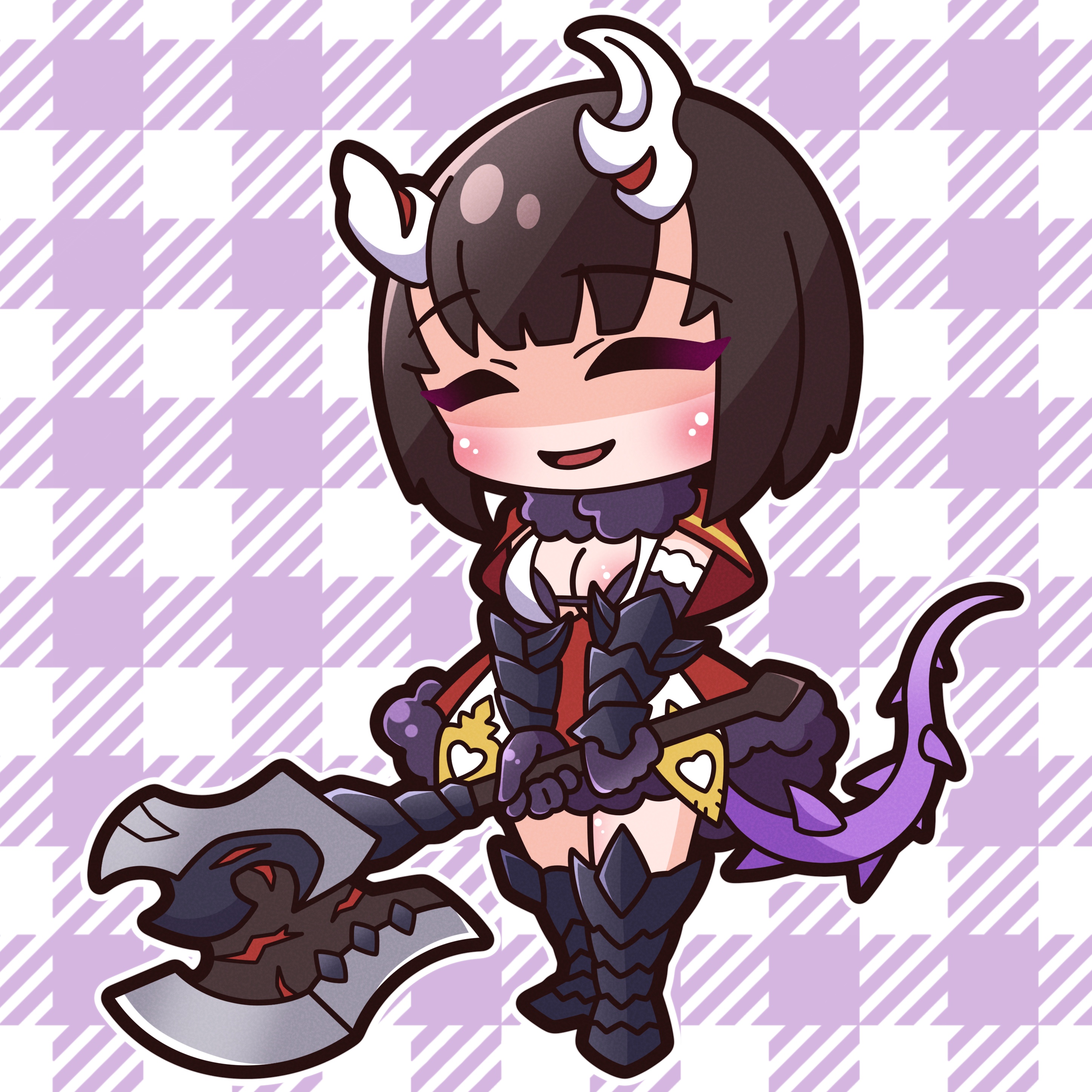 saishosaisekojo, eriko (princess connect!), princess connect!, absurdres, commentary request, highres, 1girl, :d, ^ ^, armored boots, axe, black hair, blush, boots, breasts, chibi, cleavage, closed eyes, facing viewer, full body, fur-trimmed skirt, fur trim, gauntlets, gloves, holding, holding axe, horns, large breasts, open mouth, plaid background, purple gloves, red skirt, shaded face, skirt, smile, solo, spiked tail, standing, tail