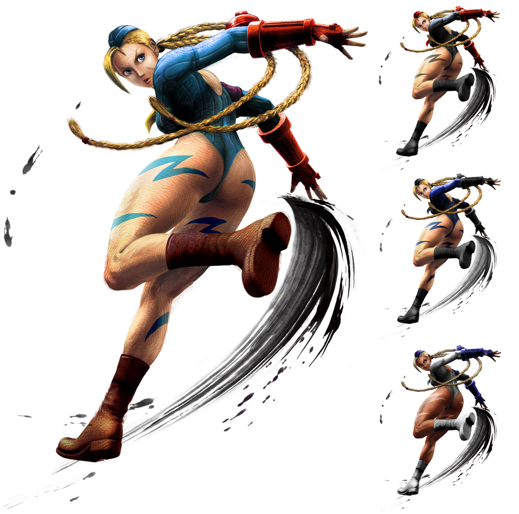 kaiwai, cammy white, capcom, street fighter, street fighter iv (series), street fighter zero (series), 1990s (style), 1girl, alternate costume, ass, blue leotard, braid, female focus, full body, garrison cap, hat, leotard, retro artstyle, ribbed leotard, sleeved leotard, solo, twin braids