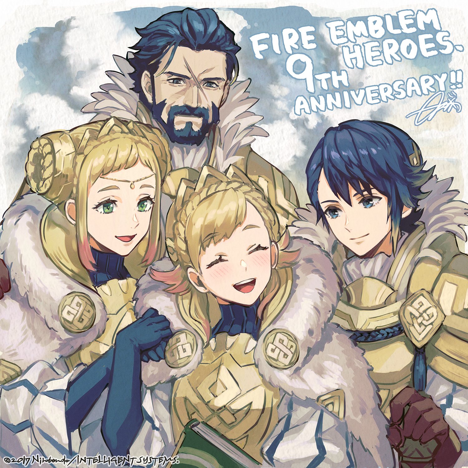 nijihayashi, alfonse (fire emblem), alfonse (heir to openness) (fire emblem), gustav (fire emblem), henriette (fire emblem), sharena (fire emblem), sharena (hopeful princess) (fire emblem), fire emblem, fire emblem heroes, nintendo, commentary request, highres, official art, 2boys, 2girls, anniversary, beard, blonde hair, blue hair, braid, cape, crown braid, facial hair, family, father and daughter, father and son, fur-trimmed cape, fur trim, mother and daughter, mother and son, multicolored hair, multiple boys, multiple girls, scar, scar on face, streaked hair, upper body