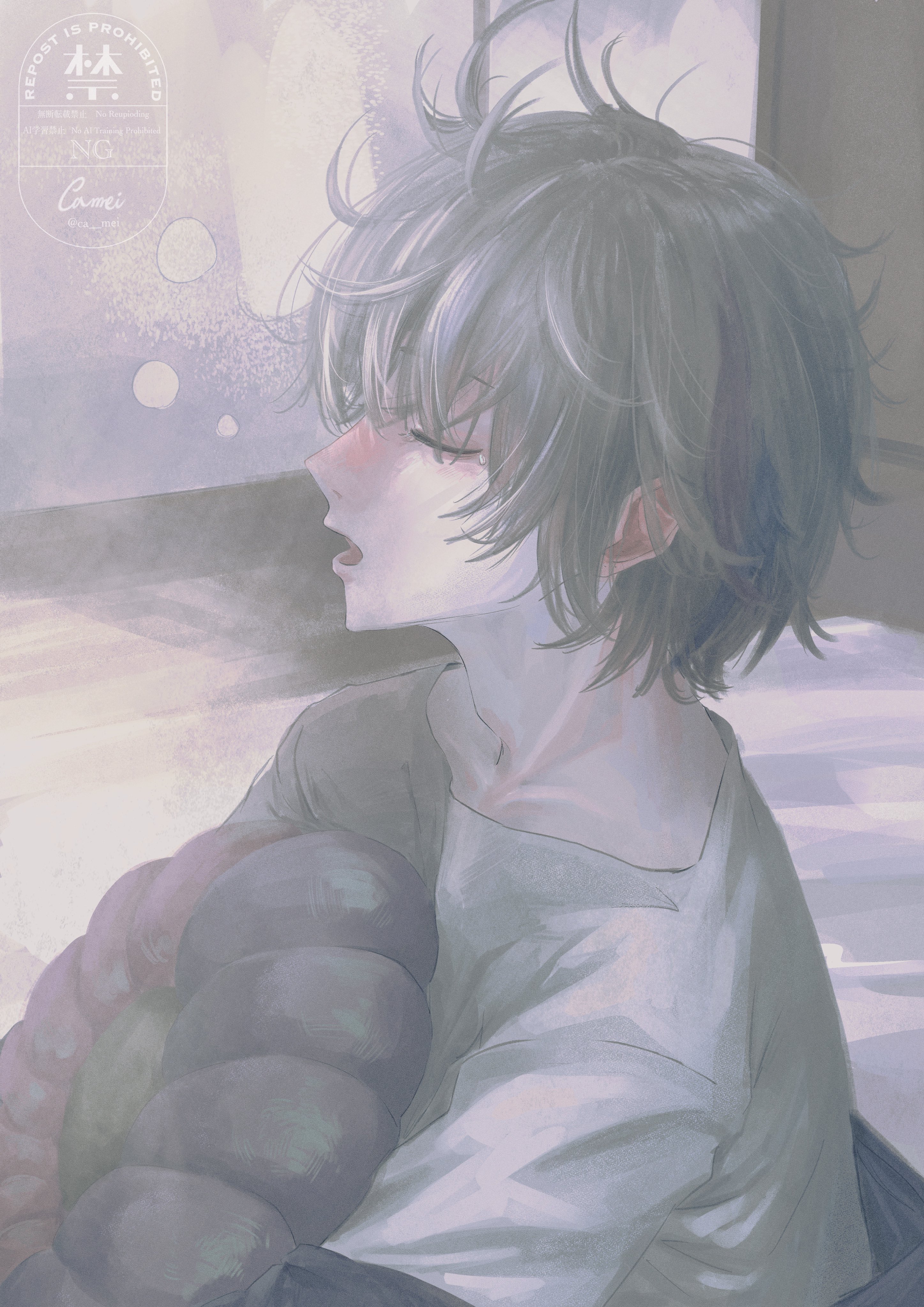 fuwa minato, nijisanji, absurdres, hashtag-only commentary, highres, 1boy, alternate costume, ca mei, closed eyes, grey hair, hair between eyes, holding, holding pillow, male focus, messy hair, multicolored hair, open mouth, pillow, shirt, solo, squeans, streaked hair, tearing up, upper body, virtual youtuber, white shirt, yawning