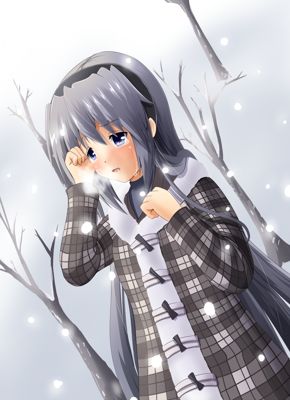 youday, sakagami tomoyo, clannad, tomoyo after, silver hair, highres, 00s, blue eyes, coat, dutch angle, hairband, snow, solo, tears, tree