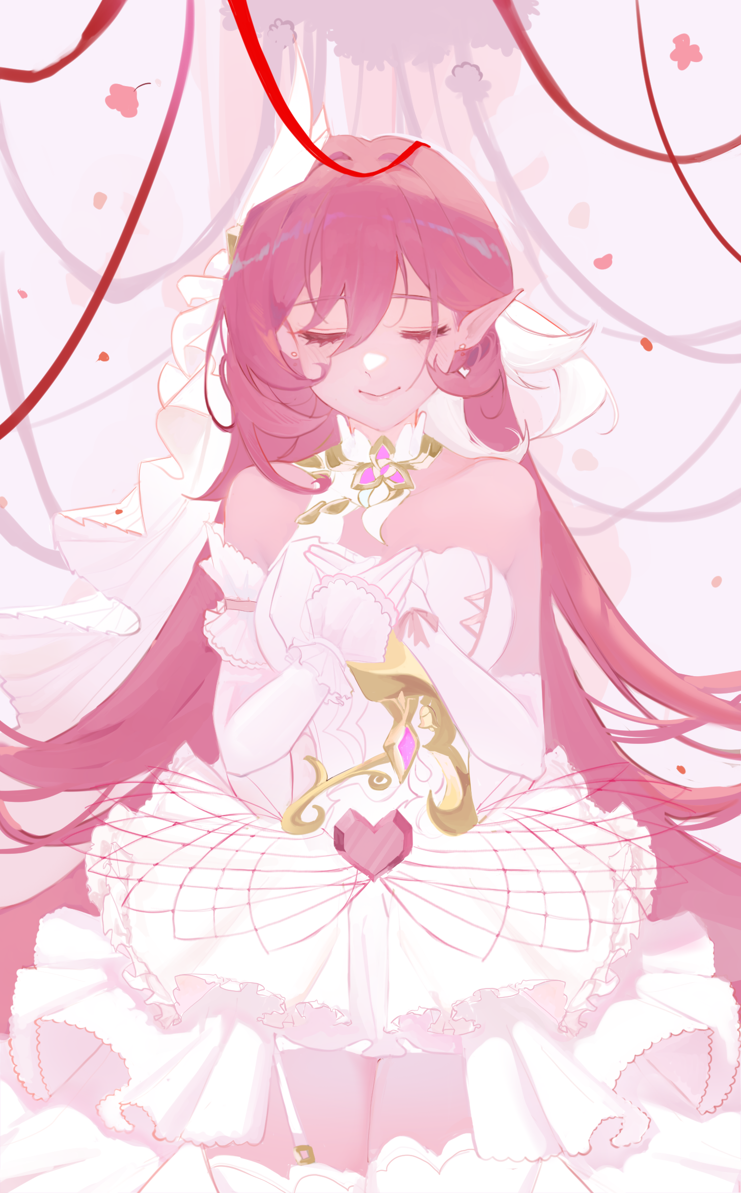 htt (user phhn3327), elysia (herrscher of human: ego) (honkai impact), elysia (honkai impact), honkai (series), honkai impact 3rd, commentary, english commentary, highres, 1girl, bare shoulders, breasts, closed eyes, closed mouth, collarbone, dress, earrings, elbow gloves, elf, facing viewer, gloves, hair between eyes, jewelry, long hair, medium breasts, own hands together, pink hair, pointy ears, red ribbon, ribbon, solo, stud earrings, triquetra, very long hair, white dress, white gloves