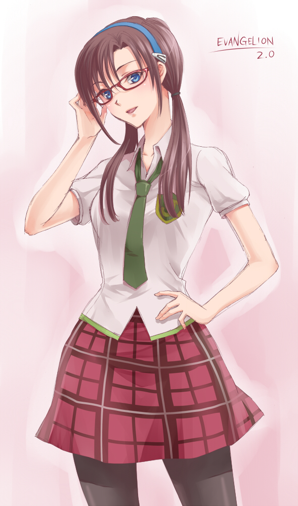 haku wataru, shiroya, makinami mari illustrious, evangelion: 2.0 you can (not) advance, neon genesis evangelion, rebuild of evangelion, 00s, 1girl, adjusting eyewear, blue eyes, brown hair, female focus, glasses, hairband, long hair, necktie, pantyhose, plaid clothes, plaid skirt, school uniform, skirt, solo, thighhighs, twintails
