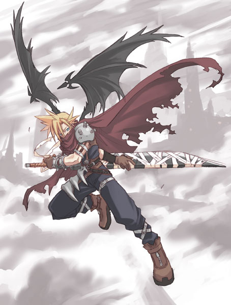 akamatsu ken, magi (cu-little2), cloud strife, final fantasy, final fantasy vii, kingdom hearts, 1990s (style), 1boy, armor, blonde hair, blue eyes, boots, buster sword, cape, demon wings, gloves, male focus, retro artstyle, solo, sword, torn clothes, weapon, wings