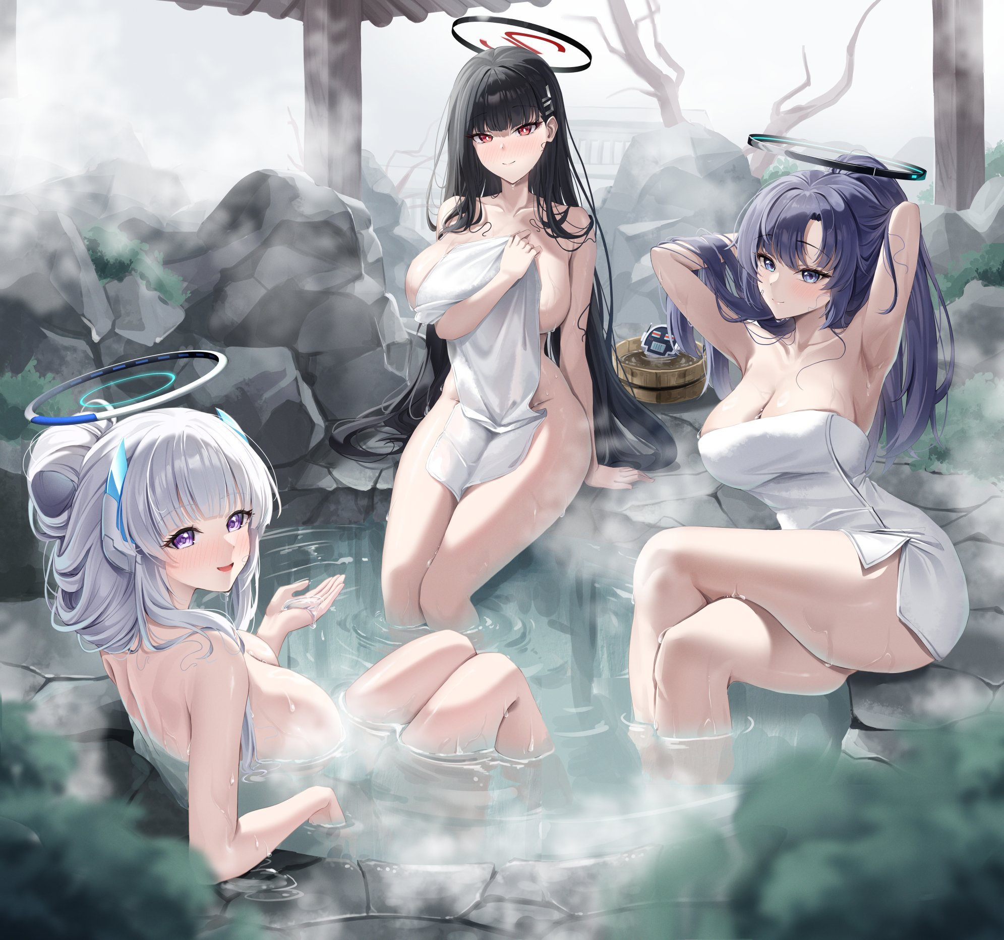 lancheu, avant garde (blue archive), noa (blue archive), rio (blue archive), yuuka (blue archive), blue archive, commentary request, highres, 3girls, arm support, armpits, arms behind head, arms up, black hair, black halo, blurry, blurry background, blush, breasts, bucket, cleavage, closed mouth, crossed legs, day, feet out of frame, hair between eyes, hair ornament, hairclip, halo, large breasts, long hair, looking at viewer, mechanical halo, multiple girls, naked towel, onsen, outdoors, partially submerged, ponytail, purple eyes, purple hair, red eyes, robot, rock, same-sex bathing, shared bathing, sitting, sky, smile, soaking feet, solo focus, steam, stone floor, thighs, towel, very long hair, water, water drop, wet, white hair, wooden bucket