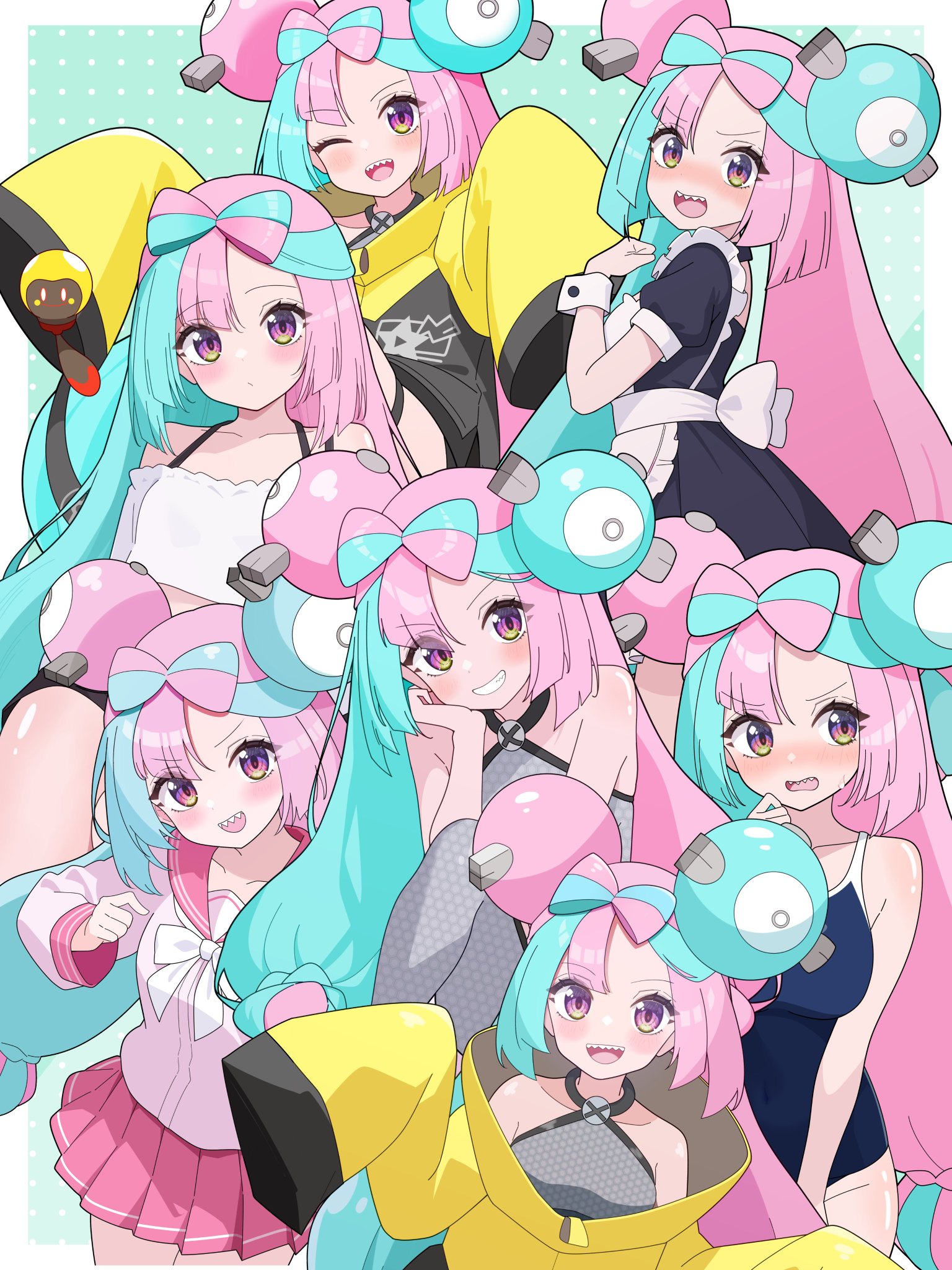 odorukaminoke, iono (pokemon), magnemite, tadbulb, nintendo, pokemon, pokemon sm, pokemon sv, absurdres, commentary request, highres, 1girl, :d, ;d, alternate costume, apron, ass, bare shoulders, belt, black belt, black dress, black shorts, blue hair, blue one-piece swimsuit, blush, boots, bow-shaped hair, breasts, character hair ornament, clenched hand, collage, collarbone, criss-cross halter, crop top, cropped shirt, dress, enmaided, from side, gen 1 pokemon, green hair, grey boots, grey pantyhose, hair ornament, halter shirt, halterneck, hand up, happy, hexagon print, jacket, long hair, long sleeves, looking at viewer, looking to the side, low-tied long hair, maid, maid headdress, medium breasts, midriff, multicolored hair, navel, off-shoulder shirt, off shoulder, one-piece swimsuit, one eye closed, open mouth, outline, pantyhose, pantyhose under shorts, pink eyes, pink hair, pink serafuku, pink shirt, pink skirt, pleated skirt, pokemon (creature), purple eyes, sailor collar, school swimsuit, school uniform, serafuku, sharp teeth, shirt, shorts, single leg pantyhose, skirt, sleeves past fingers, sleeves past wrists, smile, split-color hair, swimsuit, tadpole, teeth, thigh strap, tongue, twintails, two-tone hair, upper teeth only, white apron, white shirt, white wrist cuffs, wrist cuffs, yellow jacket