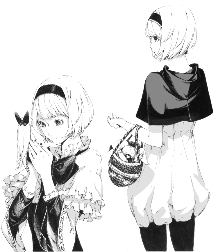 sousou (sousouworks), alice margatroid, shanghai doll, touhou, 2girls, basket, bow, contemporary, doll, female focus, greyscale, hair bow, hairband, holding, monochrome, multiple girls, pantyhose, realistic, short hair, smile