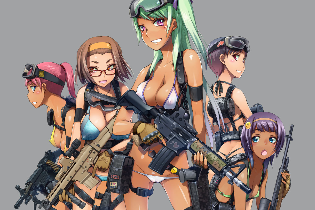 asaki takayuki, original, bad id, bad pixiv id, 5girls, ammunition, ammunition belt, assault rifle, bikini, bipod, black hair, blue eyes, blush, breast press, breasts, brown hair, butt crack, cameltoe, cleavage, covered erect nipples, crossdraw holster, dark-skinned female, dark skin, eotech, fingerless gloves, fingernails, fn scar, glasses, gloves, goggles, goggles on head, green hair, grin, groin, gun, holster, huge breasts, large breasts, light machine gun, long fingernails, long hair, looking back, lowleg, lowleg bikini, m-21, m249 saw, m4 carbine, machine gun, military operator, mole, mole under eye, multiple girls, o-ring, o-ring top, open mouth, pink hair, ponytail, purple hair, rifle, scope, see-through clothes, shiny skin, short hair, smile, smiley face, sniper rifle, squad automatic weapon, strap gap, swimsuit, thigh holster, thigh strap, trigger discipline, vertical forward grip, weapon