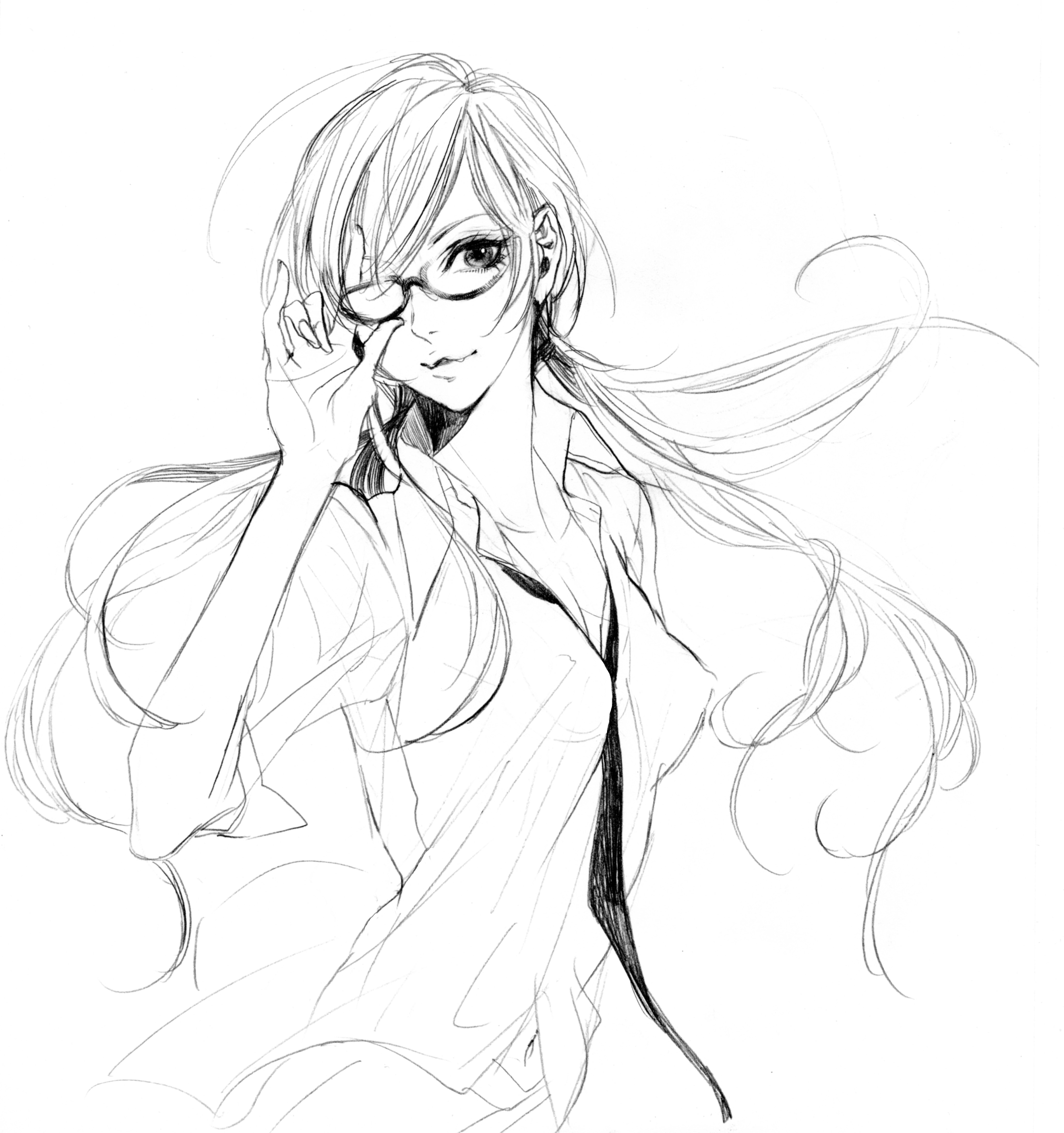 pochka, makinami mari illustrious, evangelion: 2.0 you can (not) advance, neon genesis evangelion, rebuild of evangelion, absurdres, bad id, bad pixiv id, highres, traditional media, 00s, 1girl, adjusting eyewear, breasts, covered erect nipples, female focus, glasses, greyscale, hairband, lips, long hair, monochrome, navel, necktie, school uniform, small breasts, solo, twintails