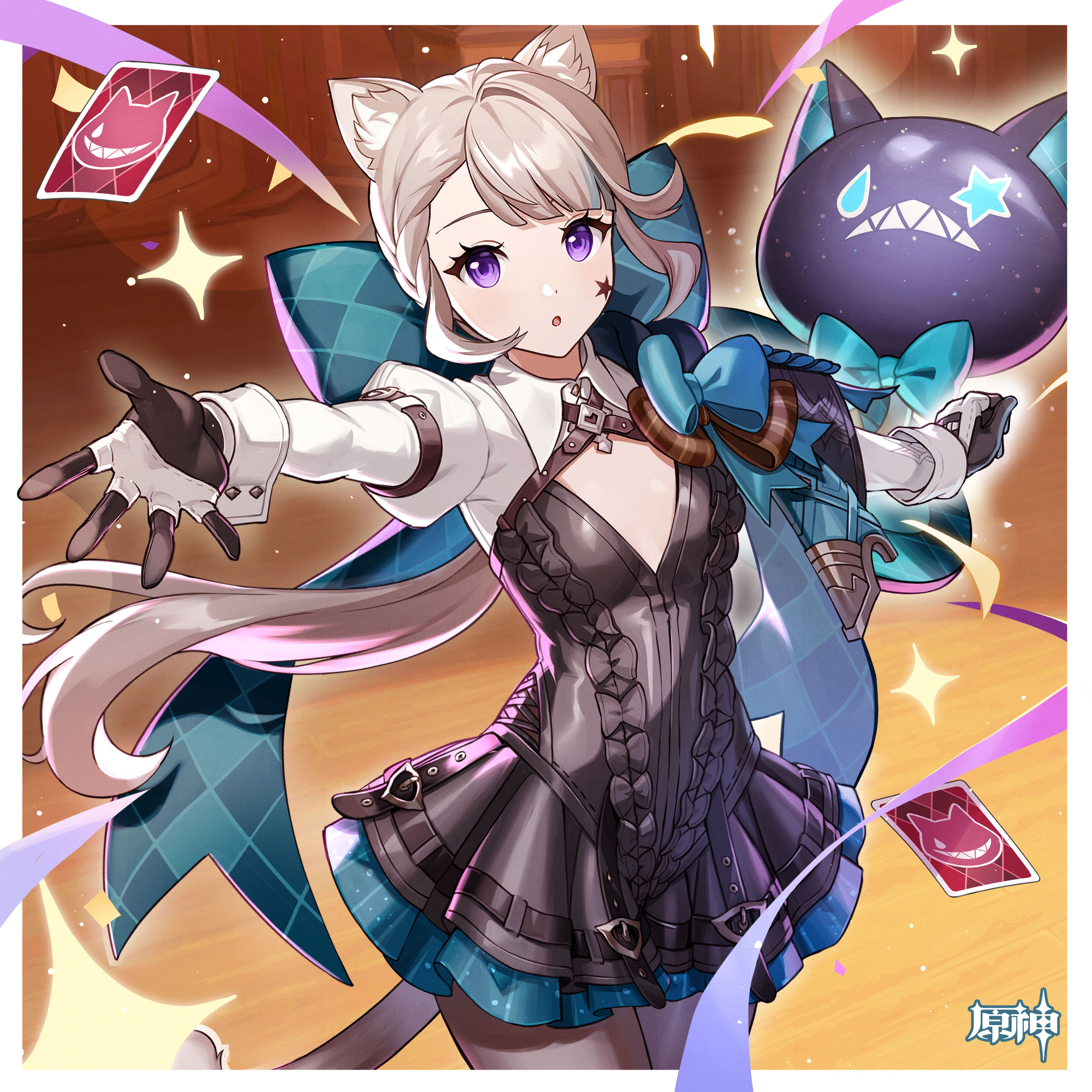lynette (genshin impact), genshin impact, absurdres, chinese commentary, commentary request, highres, official art, 1girl, :o, animal ear fluff, animal ears, aqua bow, black dress, border, bow, breasts, card, cat ears, cat tail, cleavage cutout, clothing cutout, cowboy shot, dress, facial mark, grey hair, juliet sleeves, long hair, long sleeves, looking at viewer, microdress, pantyhose, parted lips, pleated skirt, puffy sleeves, purple eyes, reaching, reaching towards viewer, shirt, skirt, small breasts, solo, standing, star (symbol), tail, very long hair, white border, white shirt
