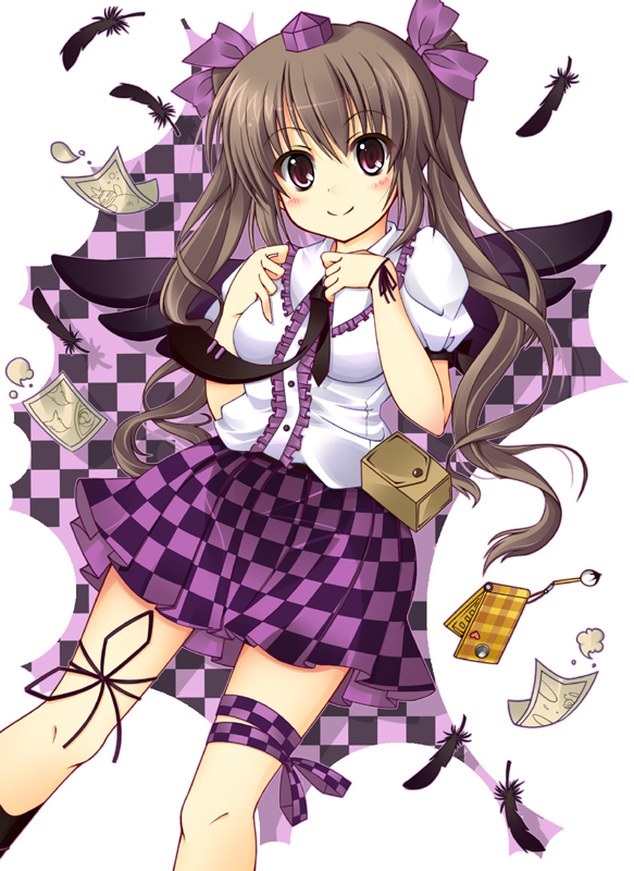 ooji cha, himekaidou hatate, touhou, bad id, bad pixiv id, 1girl, brown hair, cellphone, checkered clothes, checkered skirt, feathers, female focus, hat, leg ribbon, necktie, phone, red eyes, ribbon, short hair, skirt, solo, thigh ribbon, tokin hat, wings