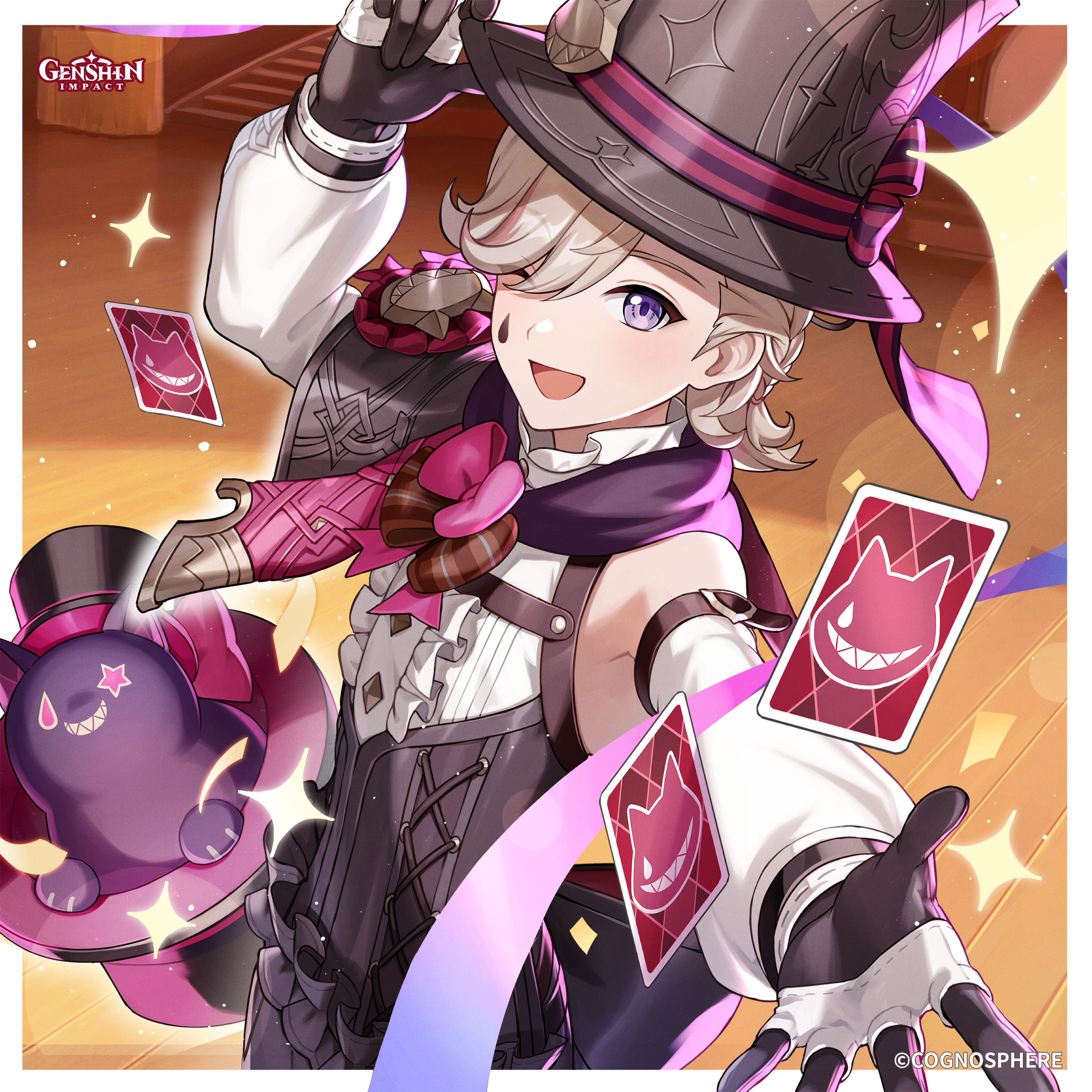 lyney (genshin impact), genshin impact, absurdres, commentary, english commentary, highres, official art, 1boy, ;d, adjusting clothes, adjusting headwear, award ribbon, back bow, black bow, black capelet, black corset, black gloves, black hat, blonde hair, border, bow, bowtie, brown bow, brown bowtie, buttons, capelet, card, center frills, company name, confetti, copyright name, copyright notice, corset, detached sleeves, facial mark, frilled shirt collar, frills, gloves, hand on headwear, hand up, hat, indoors, lens flare, light particles, long sleeves, looking at viewer, male focus, multicolored gloves, multicolored hair, one eye closed, open mouth, outside border, outstretched arm, parted bangs, playing card, purple eyes, red bow, red bowtie, red streaks, shirt, short hair, sleeveless, sleeveless shirt, smile, solo, sparkle, standing, streaked hair, swept bangs, teardrop facial mark, top hat, two-tone gloves, white border, white gloves, white shirt, white sleeves, wooden floor