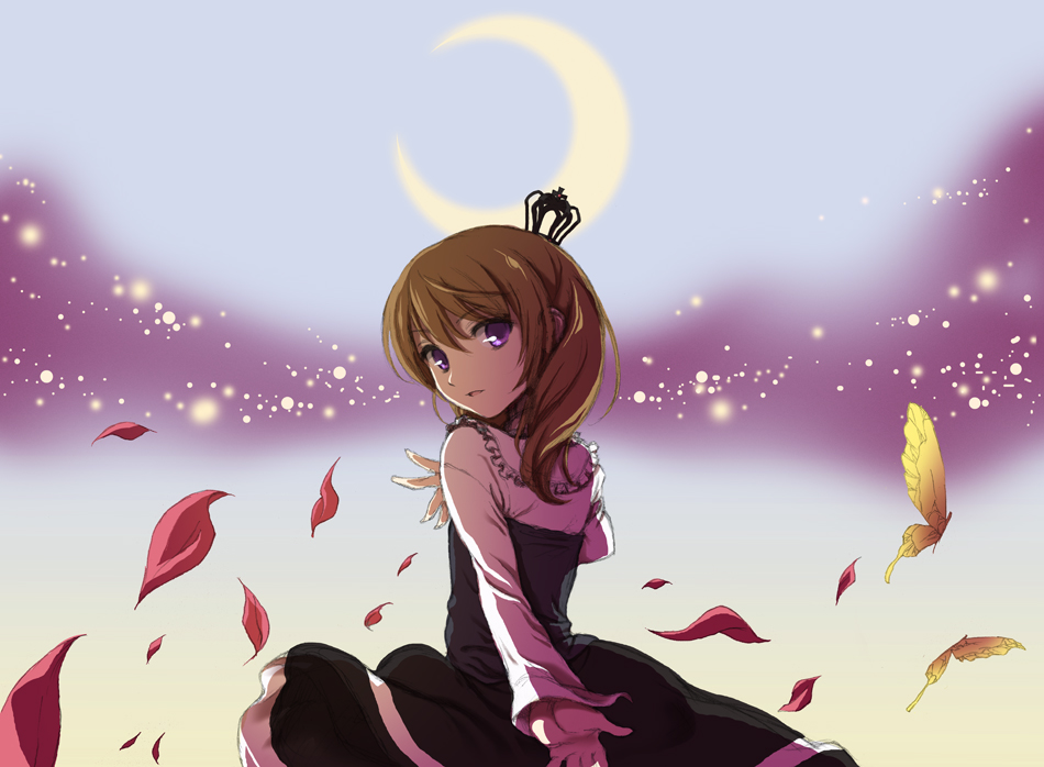 konoe (vis9191), ushiromiya maria, umineko no naku koro ni, 1girl, brown hair, bug, butterfly, crown, female focus, insect, petals, purple eyes, solo