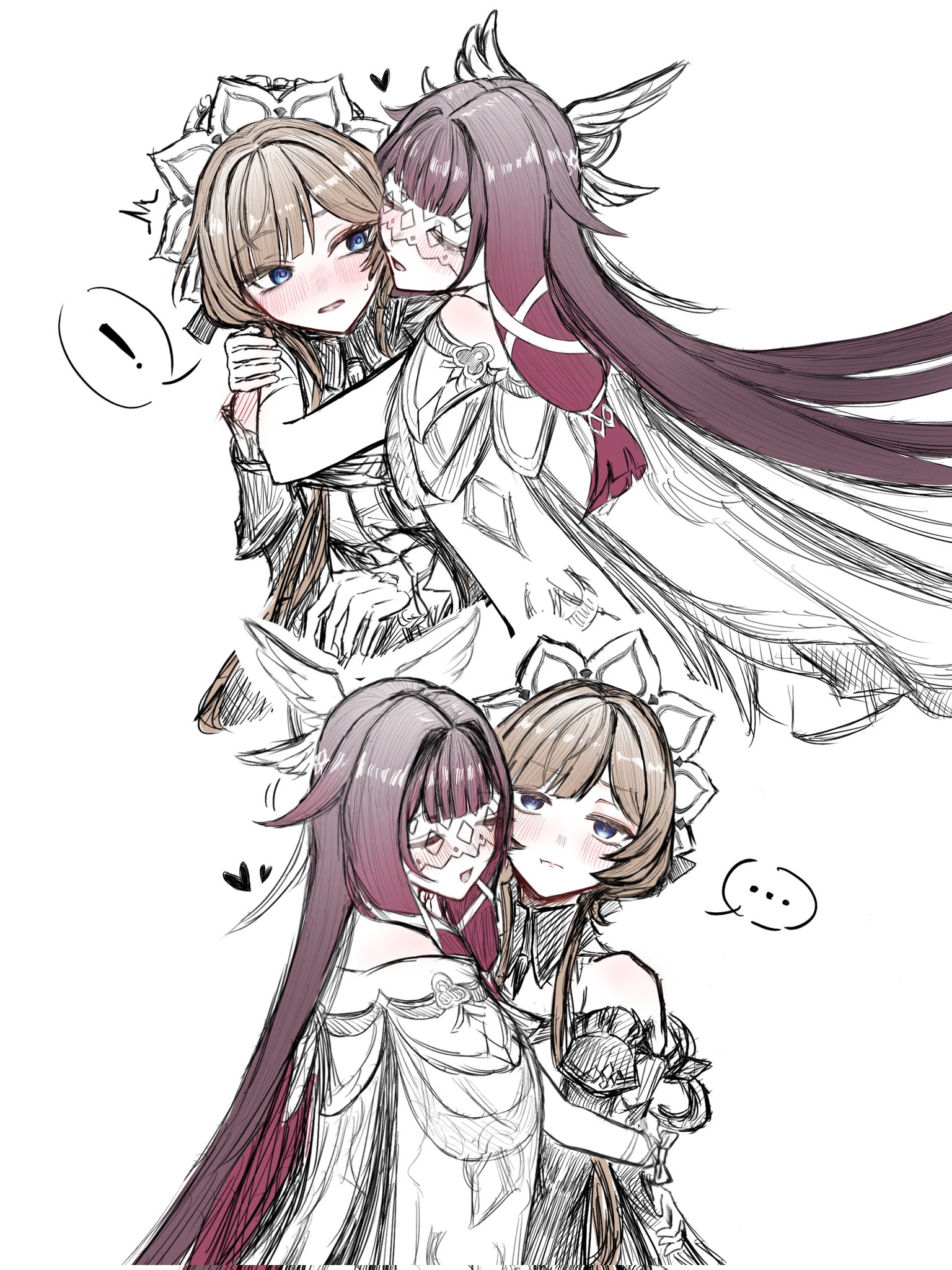 columbina (genshin impact), sandrone (genshin impact), genshin impact, commentary, hashtag-only commentary, highres, !, …, 2girls, blush, brown hair, closed eyes, eye mask, gradient hair, headdress, heart, hug, long hair, mask, multicolored hair, multiple girls, open mouth, purple hair, saba oekaki, spoken ellipsis, spoken exclamation mark, surprise hug, surprised, two-tone hair, very long hair, white headdress