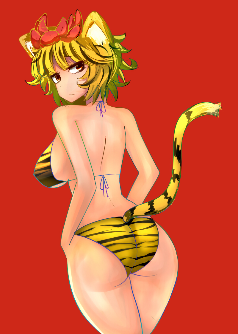 nanban teishoku, toramaru shou, touhou, bad id, bad pixiv id, 1girl, animal ears, bikini, blonde hair, breasts, female focus, kemonomimi mode, large breasts, looking back, simple background, solo, swimsuit, tail, tiger ears, tiger girl, tiger tail, yellow bikini