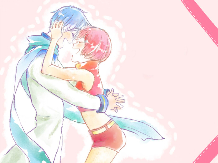 matsuda hiro, kaito (vocaloid), meiko (vocaloid), vocaloid, 1boy, 1girl, blue scarf, blue theme, couple, happy, hetero, hug, red theme, scarf, short hair, skirt