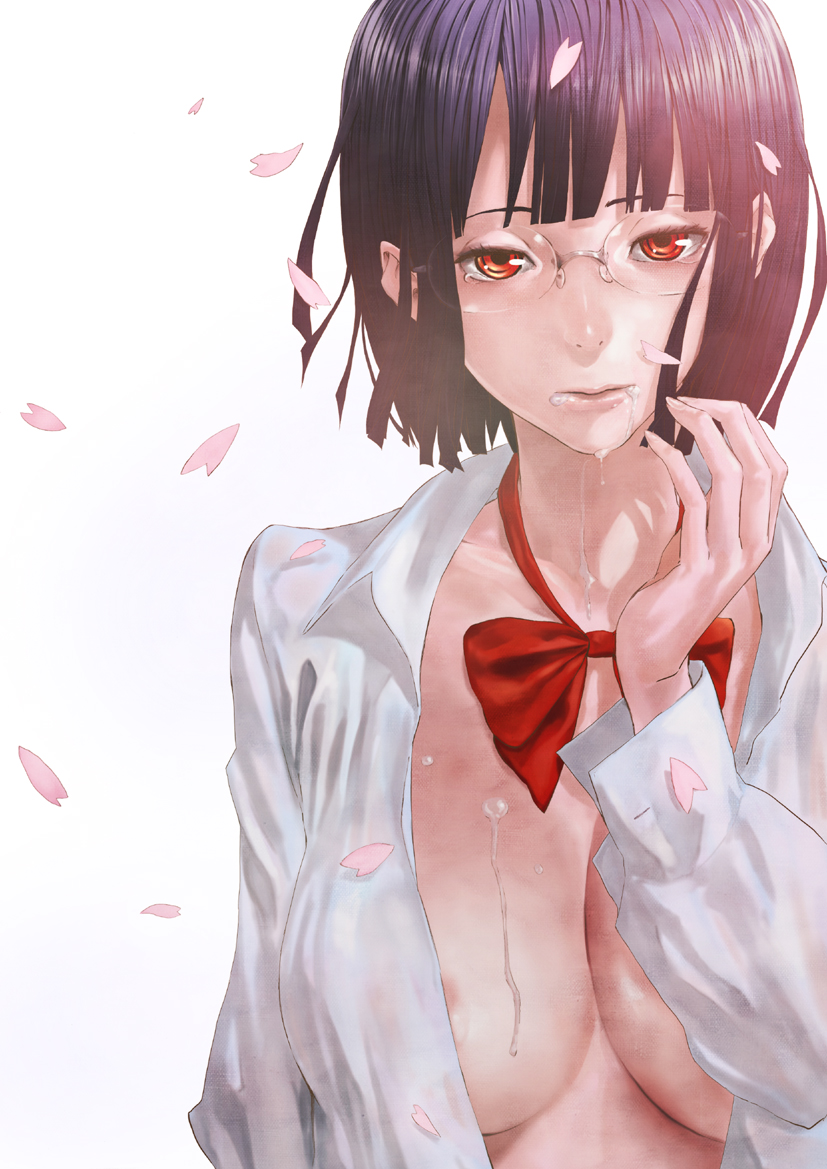 nekoi mie, sonohara anri, durarara!!, 1girl, after fellatio, areola slip, black hair, breasts, cleavage, cum, cum in mouth, female focus, glasses, large breasts, open clothes, open shirt, orange eyes, petals, shirt, short hair, solo, tears