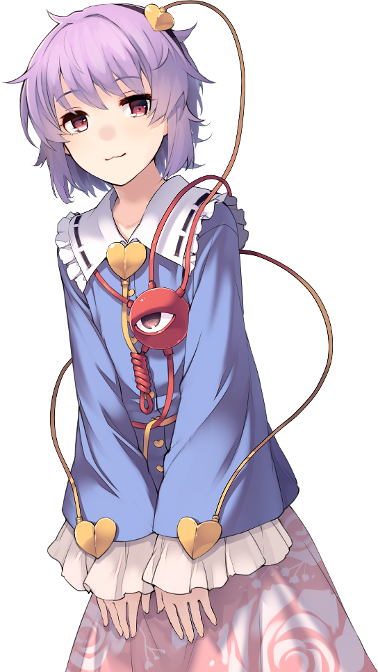 eho (icbm), komeiji satori, touhou, game cg, non-web source, official art, 1girl, :3, blue shirt, buttons, closed mouth, collared shirt, contrast collar, eyeball, floral print, frilled shirt collar, frilled sleeves, frills, hair ornament, heart, heart button, heart hair ornament, labyrinth of touhou (series), labyrinth of touhou tri, long sleeves, looking at viewer, pink eyes, pink hair, pink skirt, print skirt, ribbon-trimmed collar, ribbon trim, rose print, shirt, short hair, skirt, smile, solo, third eye, transparent background, wide sleeves