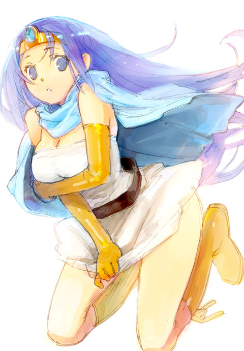 kage yuu, sage (dq3), chunsoft, dragon quest, dragon quest iii, enix, blue eyes, blue hair, boots, breasts, circlet, cleavage, dress, dress tug, elbow gloves, full body, gloves, hand on own arm, latex, latex gloves, long hair, simple background, sketch, solo, white background, yellow boots