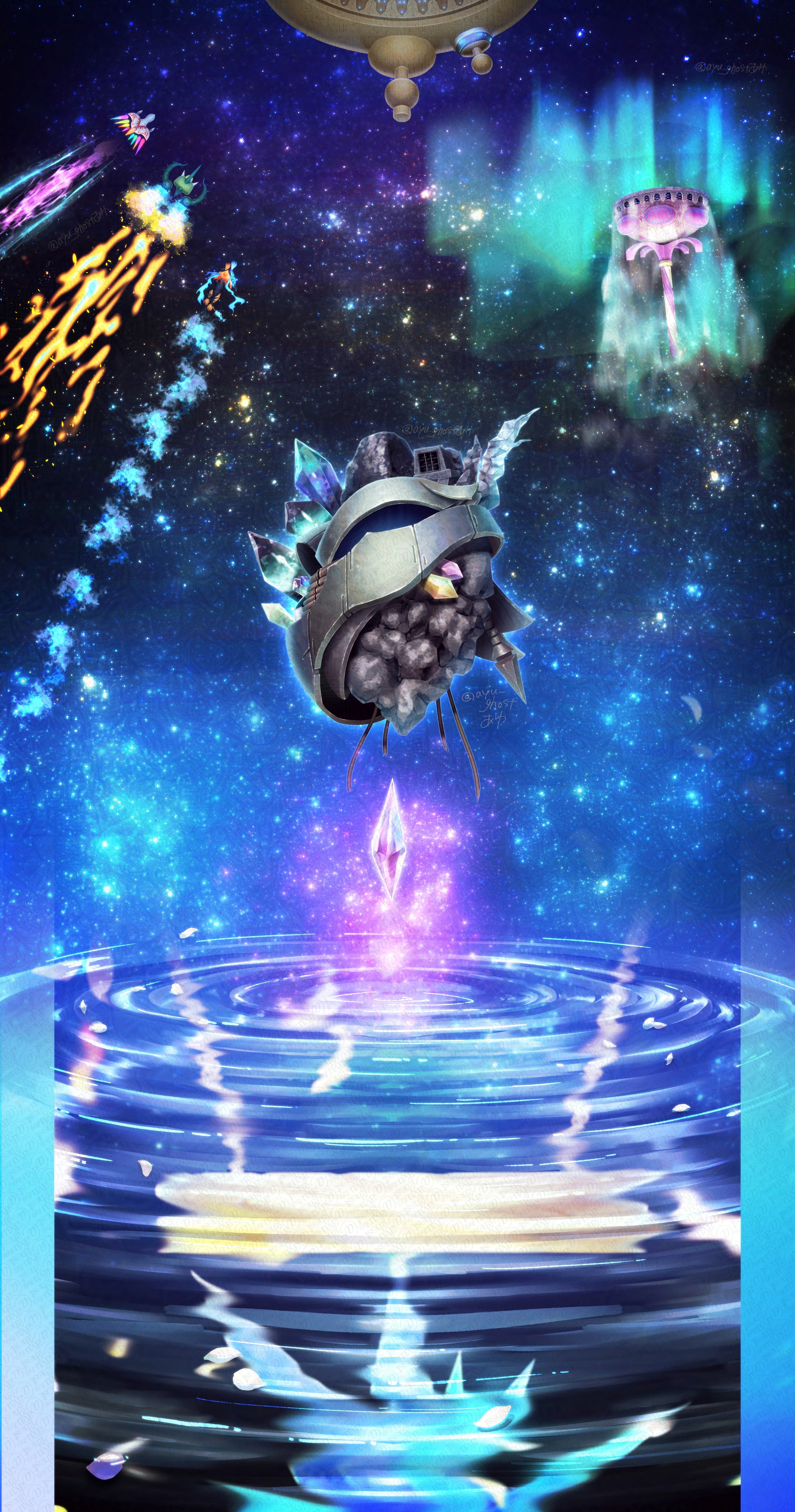 darkkeroro, galactic nova, kirby (series), kirby air ride, kirby air riders, nintendo, absurdres, commentary request, highres, blue fire, crystal shards, dragoon (kirby), fire, flying, fountain of dreams, hydra (kirby), leo (kirby), no humans, ripples, space, star (sky), zorah