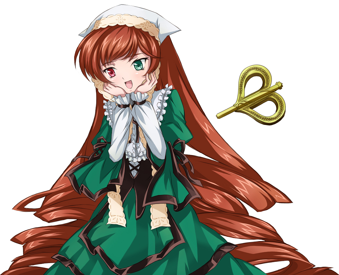 mtyy, suiseiseki, rozen maiden, 00s, brown hair, dress, headscarf, heterochromia, long hair, solo, very long hair, white headscarf