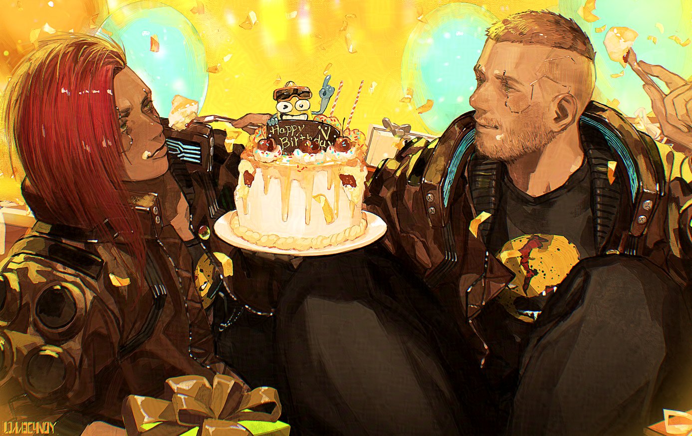 l1m3candy, v (cyberpunk), valerie (cyberpunk), vincent (cyberpunk), cyberpunk (series), cyberpunk 2077, 1boy, 1girl, asymmetrical hair, blonde hair, box, brown jacket, cake, cyberpunk, food, food on face, fork, gift, gift box, holding, holding fork, jacket, open clothes, open jacket, red hair, short hair, sidecut, undercut