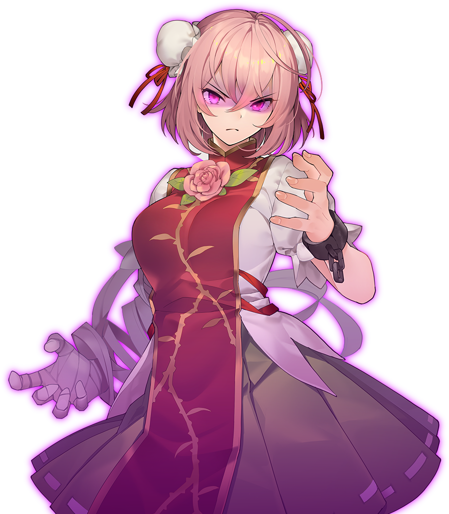 eho (icbm), ibaraki kasen, touhou, game cg, non-web source, official art, 1girl, arm belt, bandaged arm, bandages, breasts, bun cover, chain, closed mouth, cuffs, double bun, flower, frown, green skirt, hair bun, labyrinth of touhou (series), labyrinth of touhou tri, large breasts, looking at viewer, pink flower, pink hair, pink rose, puffy short sleeves, puffy sleeves, purple theme, red tabard, rose, shackles, shirt, short sleeves, skirt, solo, tabard, transparent background, white shirt