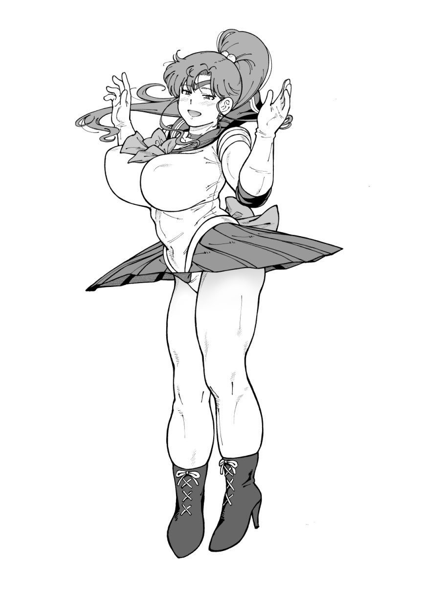 fukudahda, kino makoto, sailor jupiter, bishoujo senshi sailor moon, 1girl, breasts, covered navel, high ponytail, huge breasts, inner senshi, monochrome, panties, ponytail, solo, tiara, underwear, upskirt