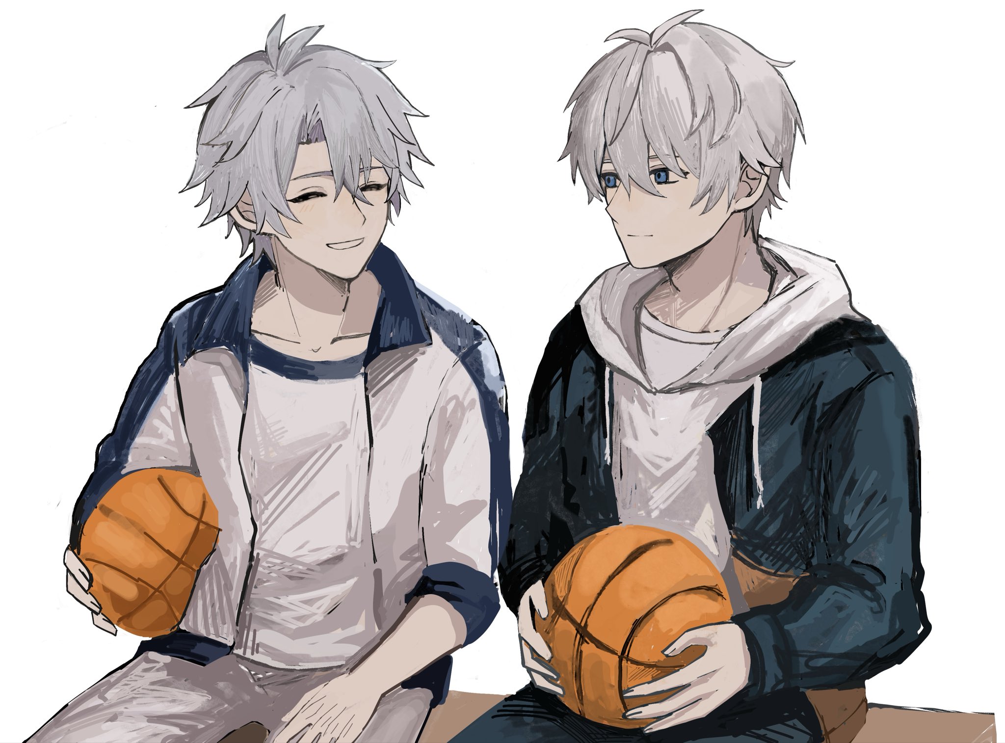 asatya ny, hino satoshi, kevin kaslana, phainon (honkai: star rail), honkai: star rail, honkai (series), honkai impact 3rd, commentary request, highres, 2boys, antenna hair, ball, basketball (object), black pants, blue eyes, color connection, company connection, hair color connection, holding, holding ball, jacket, male focus, multicolored jacket, multiple boys, pants, shirt, short hair, simple background, sitting, smile, two-tone jacket, voice actor connection, white background, white hair, white pants, white shirt