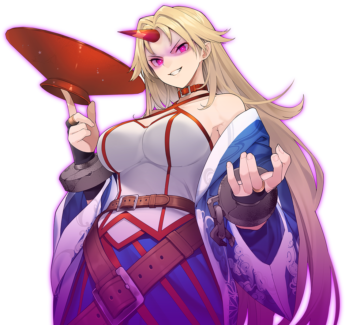 eho (icbm), hoshiguma yuugi, touhou, game cg, non-web source, official art, 1girl, blonde hair, blue skirt, breasts, cowboy shot, cuffs, cup, evil grin, evil smile, glowing, glowing eyes, grin, holding, holding cup, horns, labyrinth of touhou (series), labyrinth of touhou tri, large breasts, long hair, oni, puffy short sleeves, puffy sleeves, purple theme, red eyes, red horns, sakazuki, shackles, shirt, short sleeves, single horn, skirt, smile, solo, transparent background, very long hair, white shirt