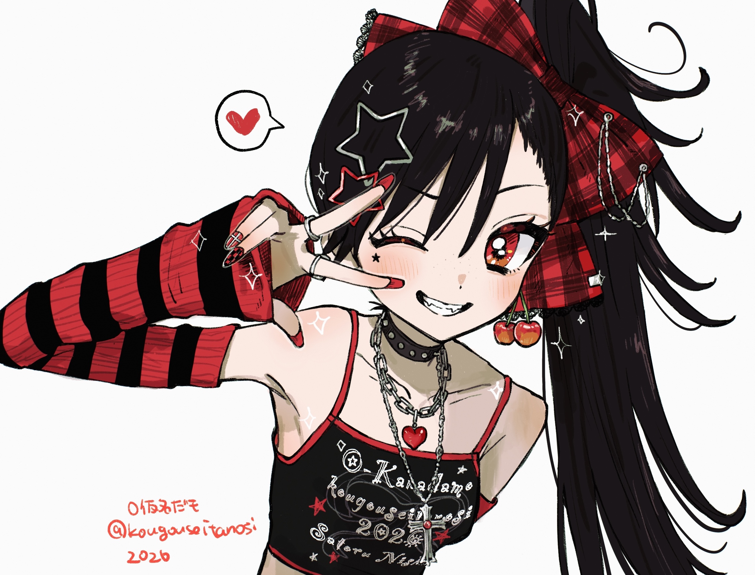 okanadamo, original, commentary request, highres, 1girl, 2026, ;d, arm behind back, arm warmers, artist name, asymmetrical bangs, bare shoulders, black arm warmers, black camisole, black choker, black hair, black lace trim, blush, bow, breasts, camisole, chain, chain necklace, cherry earrings, choker, closed eyes, clothes writing, collarbone, crop top, cross, cross necklace, earrings, facial mark, fangs, fingernails, food-themed earrings, food themed earrings, gem, grin, hair bow, hair ornament, heart, heart necklace, idol, jewelry, lace, lace-trimmed bow, lace trim, large bow, latin cross, long fingernails, long hair, looking at viewer, midriff, multiple rings, nail art, necklace, one eye closed, open mouth, parted bangs, plaid bow, print camisole, punk, raised eyebrow, red arm warmers, red bow, red eyes, red gem, red nails, red trim, ring, shoulder blush, side ponytail, simple background, sleeves past wrists, small breasts, smile, solo, spaghetti strap, sparkle, spiked choker, spikes, spoken heart, star (symbol), star facial mark, star hair ornament, striped arm warmers, tsurime, twitter username, two-tone arm warmers, upper body, v, v over eye, white background