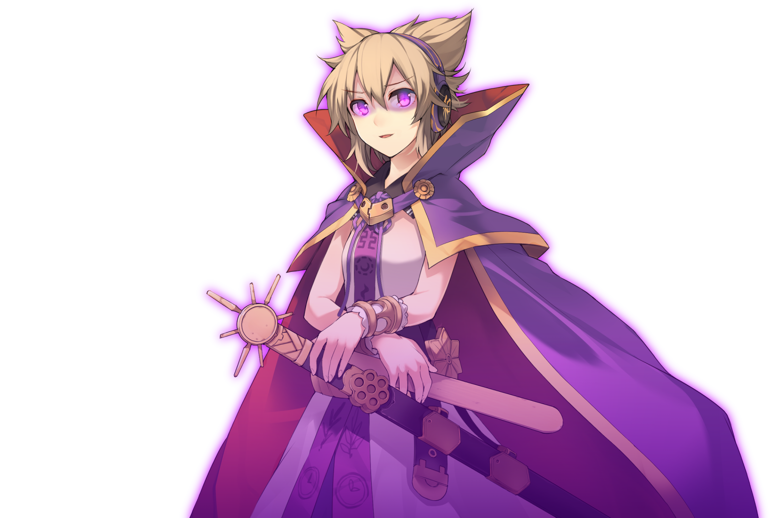 eho (icbm), toyosatomimi no miko, touhou, game cg, non-web source, official art, 1girl, blonde hair, bracelet, cape, dress, earmuffs, glowing, glowing eyes, jewelry, labyrinth of touhou (series), labyrinth of touhou tri, looking at viewer, open mouth, pointy hair, purple cape, purple theme, red cape, ritual baton, sheath, sheathed, short hair, sleeveless, sleeveless dress, smile, solo, sword, transparent background, two-sided cape, two-sided fabric, weapon, yellow dress, yellow eyes