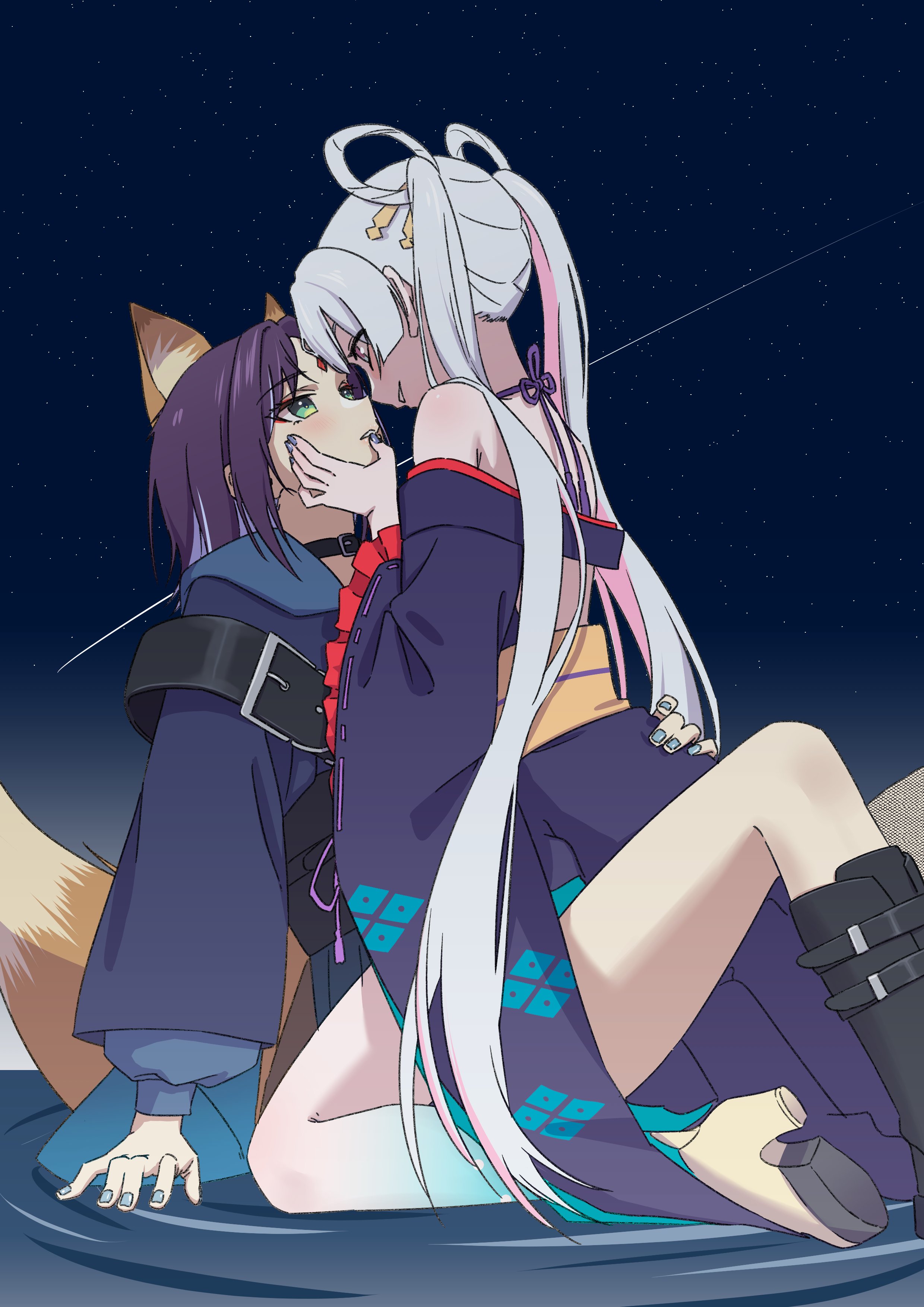 killtenshi, runami yachiyo, sakayori iroha, absurdres, commentary, hashtag-only commentary, highres, 2girls, animal ears, black boots, black choker, blue nails, boots, cho kaguya-hime!, choker, eye contact, forehead jewel, fox ears, fox girl, fox tail, green eyes, grey hair, hair rings, hand on another's face, hand on another's waist, high heels, japanese clothes, kimono, looking at another, multiple girls, night, outdoors, parted lips, purple kimono, shooting star, sky, smile, star (sky), starry sky, straddling, tail, twintails, yuri