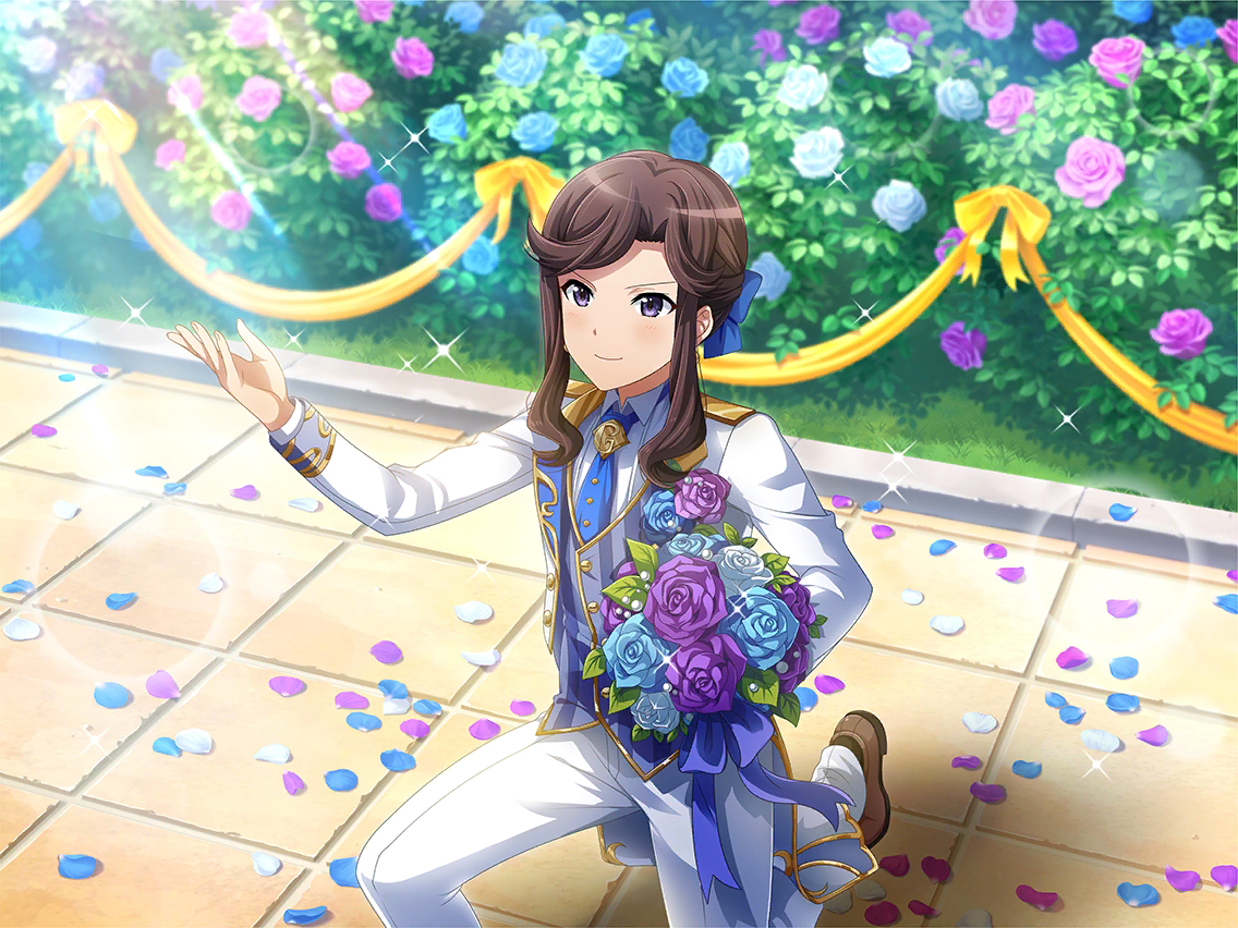 tendou maya, shoujo kageki revue starlight, shoujo kageki revue starlight -re live-, game cg, official art, 1girl, blue bow, blue necktie, bouquet, bow, brown hair, brown shoes, bush, closed mouth, collared shirt, crossdressing, crossdressing (ftm), flower, grey vest, groom, hair bow, holding, holding bouquet, jacket, kneeling, long sleeves, necktie, on one knee, pants, parted bangs, petals, purple eyes, road, rose, rose bush, rose petals, shirt, shoes, sidelocks, solo, street, v-shaped eyebrows, vest, waistcoat, white jacket, white pants