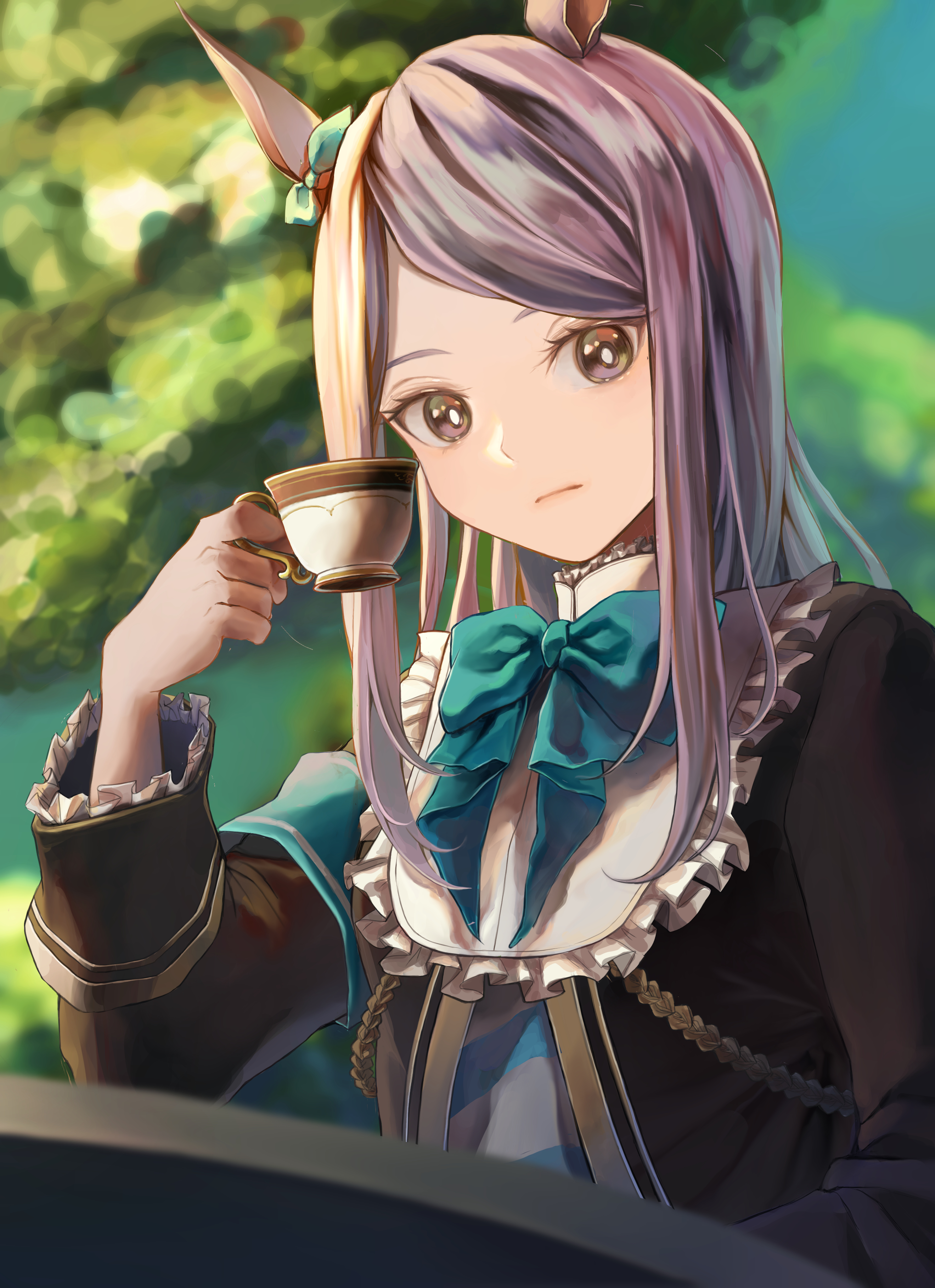 soidaizu soy, mejiro mcqueen (frontline elegance) (umamusume), mejiro mcqueen (umamusume), umamusume, absurdres, commentary request, highres, 1girl, animal ears, aqua bow, aqua ribbon, armband, black jacket, blue armband, bow, bowtie, closed mouth, coat, cup, ear bow, ear ribbon, frilled coat, frilled jacket, frills, holding, holding cup, horse ears, horse girl, jacket, long hair, long sleeves, looking at viewer, purple eyes, purple hair, ribbon, shirt, solo, striped clothes, striped shirt, table, tea, teacup