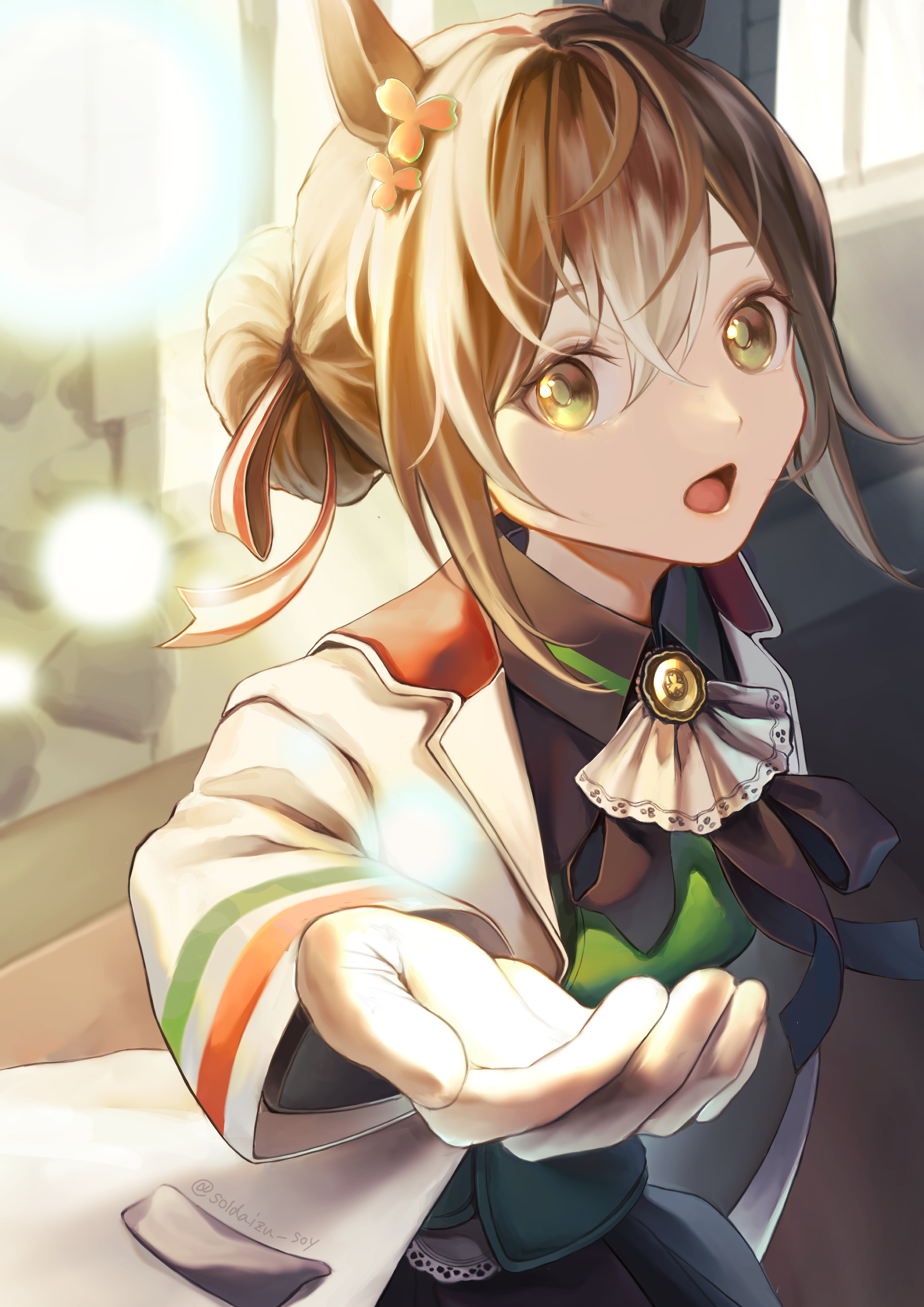 soidaizu soy, fine motion (noble seamair) (umamusume), fine motion (umamusume), umamusume, absurdres, commentary request, highres, 1girl, animal ears, ascot, black shirt, black skirt, brown hair, clover, clover hair ornament, collared shirt, gloves, green eyes, green vest, hair between eyes, hair bun, hair ornament, horse ears, horse girl, jacket, long sleeves, looking at viewer, multicolored hair, open mouth, outstretched arm, reaching, reaching towards viewer, shirt, single hair bun, skirt, solo, vest, white ascot, white gloves, white hair, white jacket