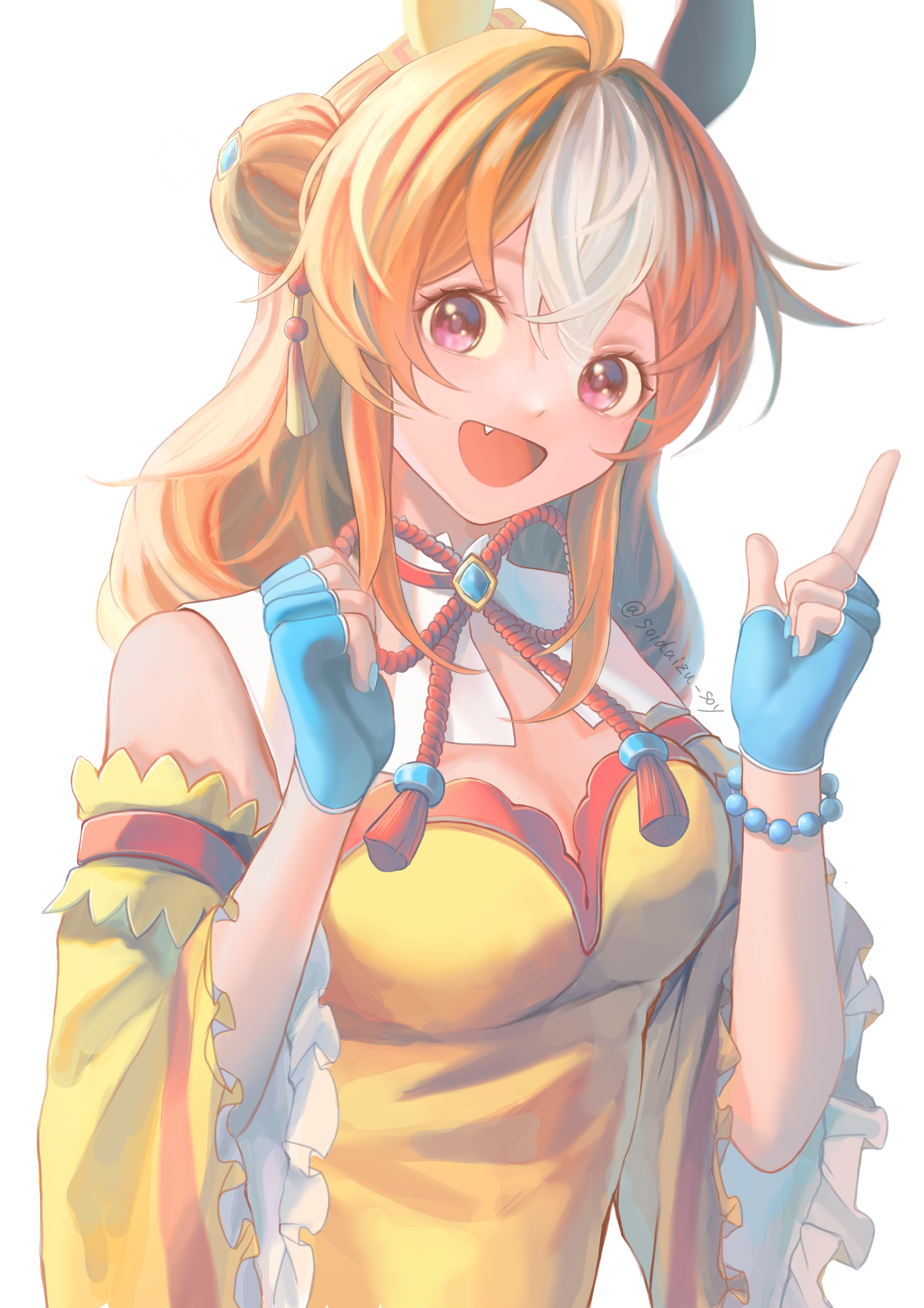 soidaizu soy, copano rickey (umamusume), copano rickey (yin-yang bagua lucky costume) (umamusume), umamusume, absurdres, commentary request, highres, 1girl, ahoge, animal ears, blue gloves, blush, breasts, brown hair, cleavage, detached sleeves, double bun, dress, ear covers, fang, fingerless gloves, gloves, hair between eyes, hair bun, hair ornament, horse ears, horse girl, long hair, looking at viewer, medium breasts, mismatched ear covers, multicolored hair, open mouth, purple eyes, simple background, smile, solo, tassel, tassel hair ornament, white background, white hair, yellow dress, yellow sleeves