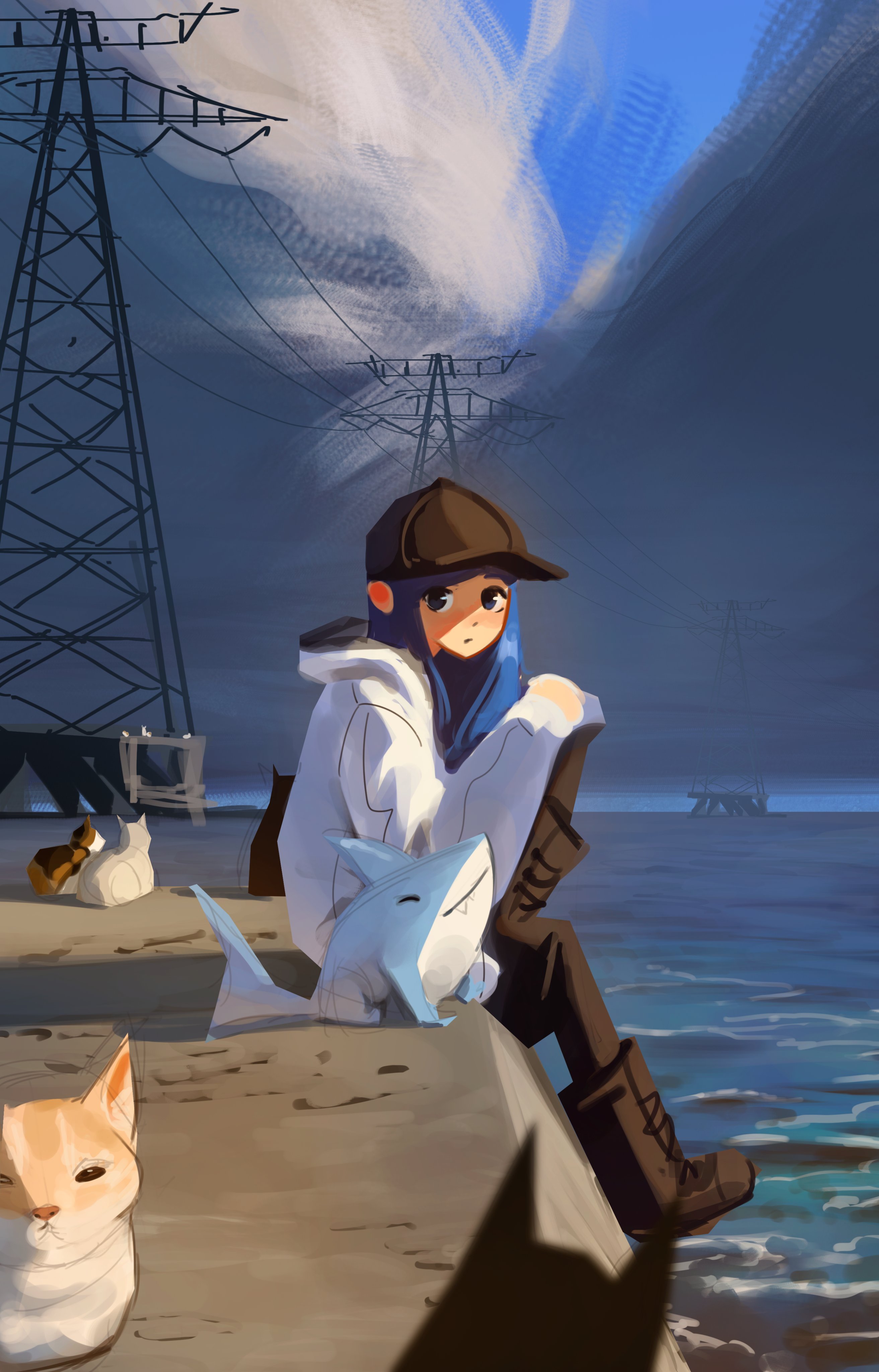 shadches72, original, absurdres, commentary, english commentary, highres, 1girl, :<, baseball cap, black boots, black eyes, black hat, black pantyhose, black shorts, blue eyes, blue hair, blue sky, boots, cat, closed eyes, closed mouth, cloud, cloudy sky, dark cloud, day, guantanima ii (shadches72), hand on own knee, hat, hood, hood down, hoodie, long hair, looking at viewer, monasterio (shadches72), ocean, outdoors, pantyhose, power lines, shark, sharp teeth, shorts, sitting, sky, smile, teeth, transmission tower, white hoodie