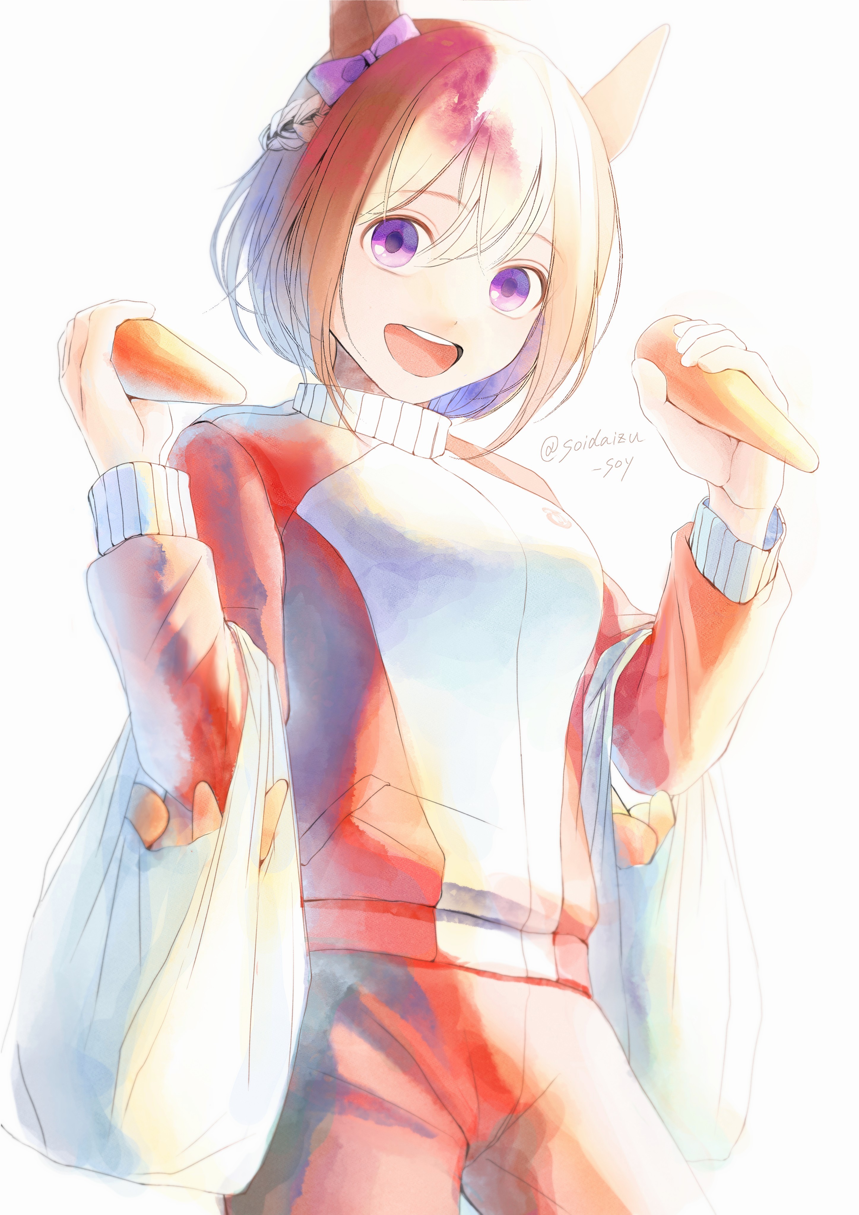 soidaizu soy, special week (umamusume), umamusume, absurdres, commentary request, highres, 1girl, animal ears, bag, bow, braid, breasts, brown hair, carrot, ear bow, ear ribbon, half up braid, holding, holding bag, holding carrot, horse ears, horse girl, jacket, looking at viewer, multicolored hair, open mouth, pants, purple bow, purple eyes, red jacket, red pants, red track suit, shopping bag, short hair, simple background, smile, teeth, tracen training uniform, track jacket, track pants, track suit, two-tone hair, upper teeth only, white hair