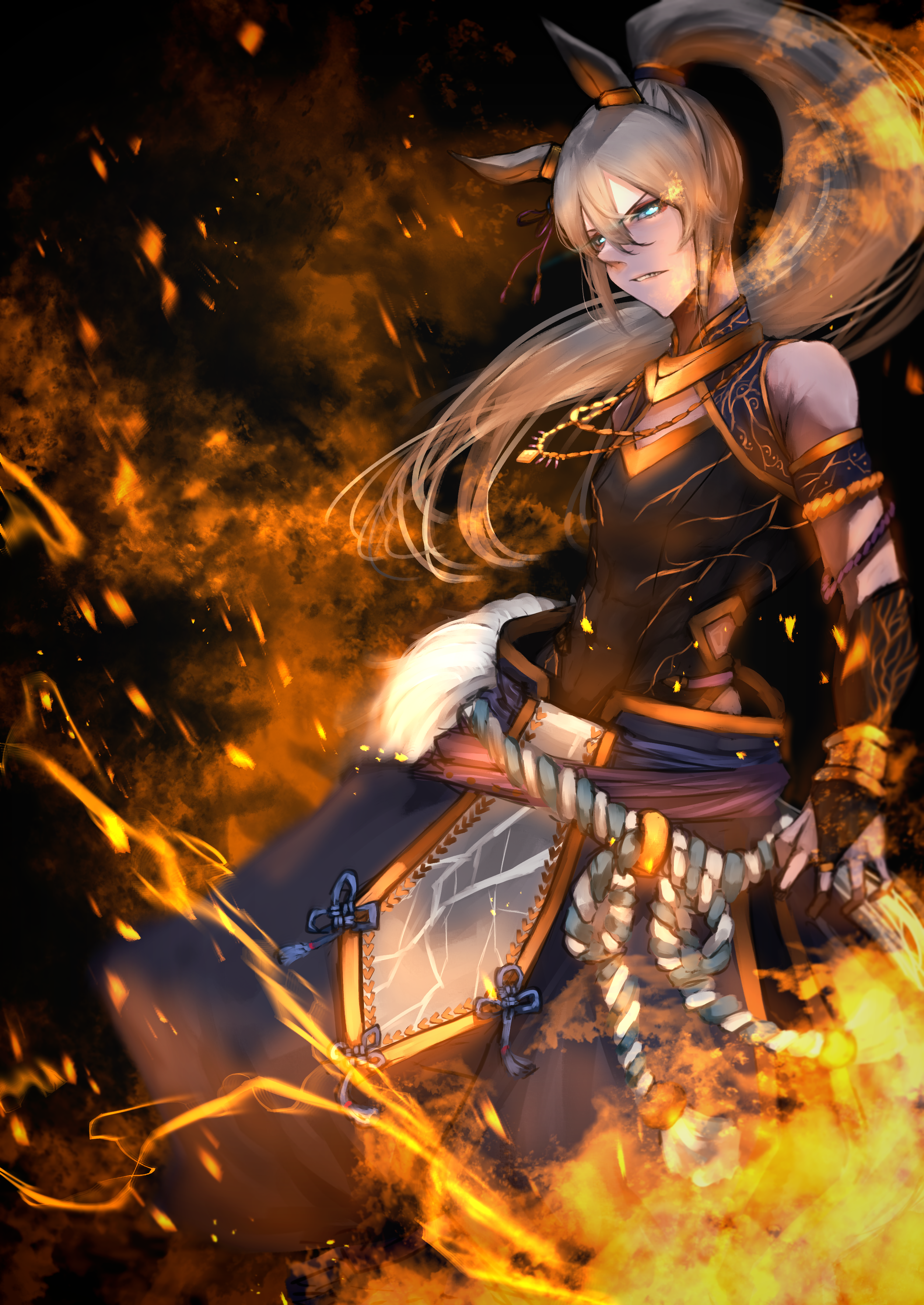 hasewo, tamamo cross (fierce thunder god) (umamusume), tamamo cross (umamusume), umamusume, absurdres, commentary request, highres, 1girl, animal ears, baggy pants, bare shoulders, black shirt, blue eyes, blue pants, breasts, chanchanko (clothes), closed mouth, ear covers, fire, grey hair, grey tail, horse ears, horse girl, horse tail, long hair, official alternate costume, pants, ponytail, rope, shimenawa, shirt, sleeveless, sleeveless shirt, solo, tail, very long hair