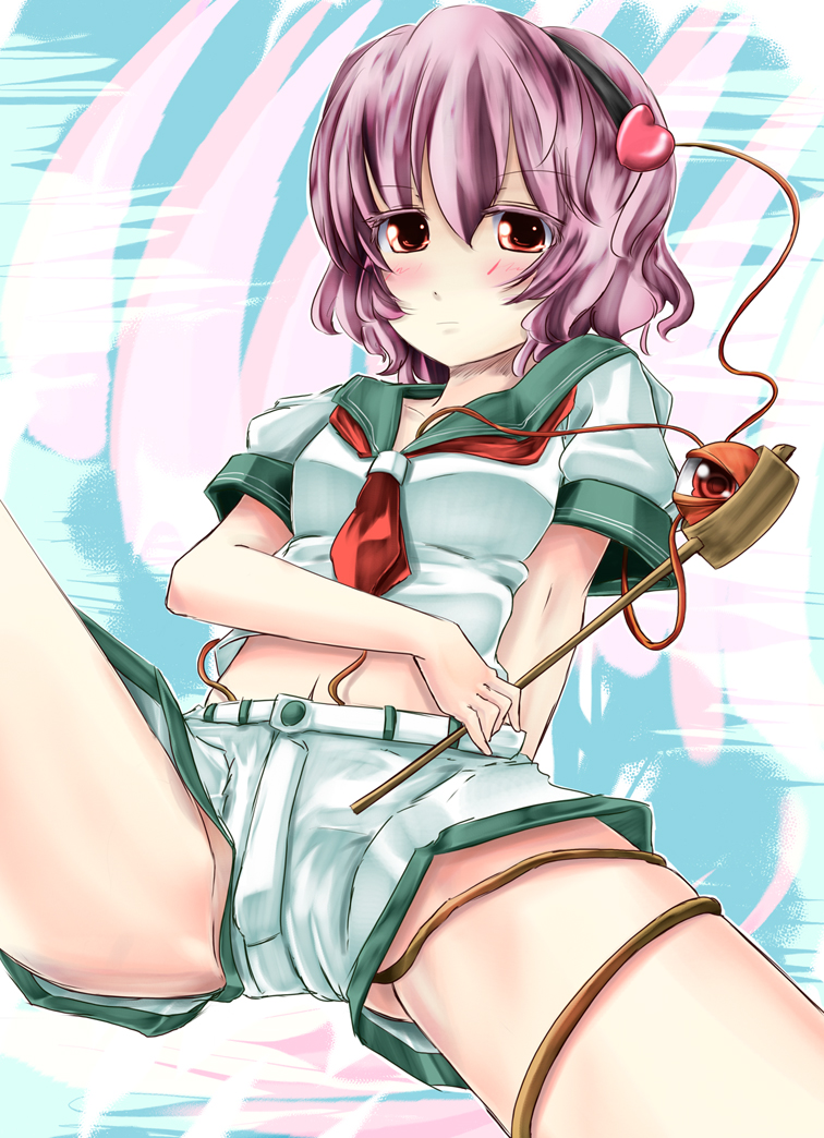 r0g0b0, komeiji satori, murasa minamitsu, touhou, bad id, bad pixiv id, 1girl, blush, colored eyelashes, cosplay, eyelashes, female focus, hairband, heart, murasa minamitsu (cosplay), purple hair, red eyes, sailor, sailor collar, short hair, shorts, solo, spread legs
