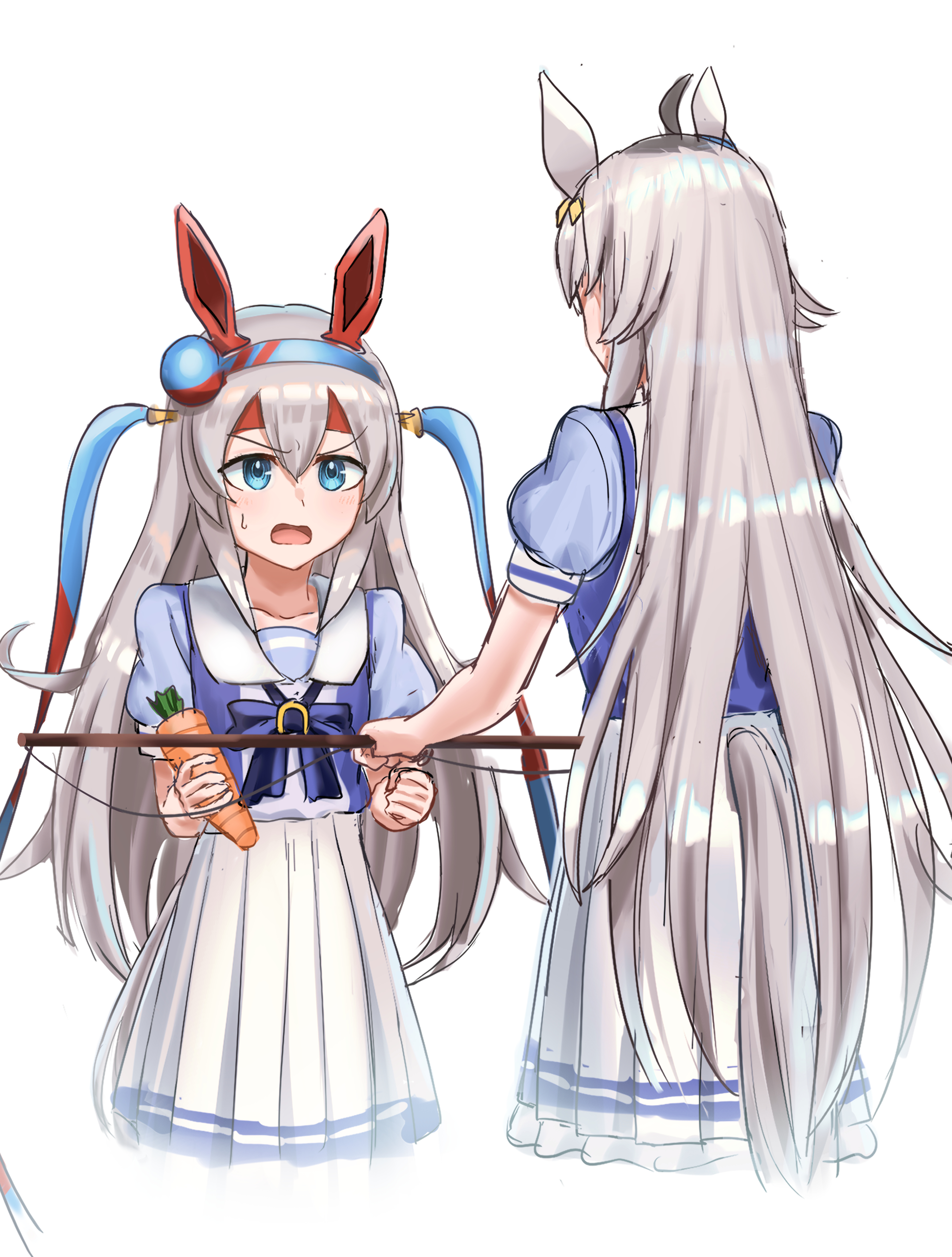 ooeyama, oguri cap (umamusume), tamamo cross (umamusume), umamusume, absurdres, commentary request, highres, 2girls, ahoge, animal ears, blue eyes, blue hairband, blush, bow, bowtie, carrot, carrot on stick, ear covers, ear ornament, fishing rod, grey hair, grey tail, hair between eyes, hair ornament, hairband, headband, holding, holding carrot, holding fishing rod, horse ears, horse girl, horse tail, long hair, multicolored hair, multicolored hairband, multiple girls, open mouth, pleated skirt, puffy short sleeves, puffy sleeves, purple bow, purple bowtie, purple shirt, red headband, sailor collar, sailor shirt, school uniform, shirt, short sleeves, simple background, skirt, striped clothes, striped hairband, sweatdrop, tail, tracen school uniform, two-tone hairband, very long hair, white background, white sailor collar, white skirt