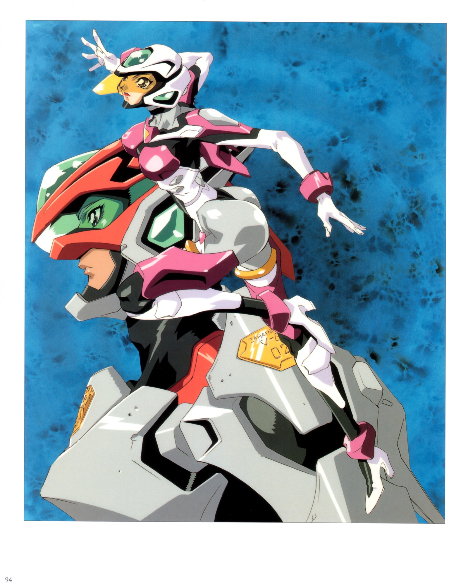 oobari masami, erika tinen, serge train, virus buster serge, highres, official art, scan, 1990s (style), 1997, 1boy, 1girl, armor, ass, bodysuit, breastplate, breasts, brown eyes, curvy, full body, gloves, helmet, highleg, highleg leotard, impossible bodysuit, impossible clothes, impossible leotard, jumping, leotard, lipstick, looking ahead, makeup, retro artstyle, shiny clothes, simple background, smile, thong leotard, upper body, white background, wide hips