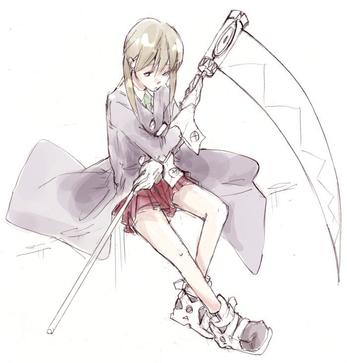 katsura miya, maka albarn, soul eater, 00s, 1girl, ankle boots, boots, brown hair, female focus, full body, holding, holding weapon, polearm, simple background, solo, standing, twintails, weapon, white background, wrist cuffs