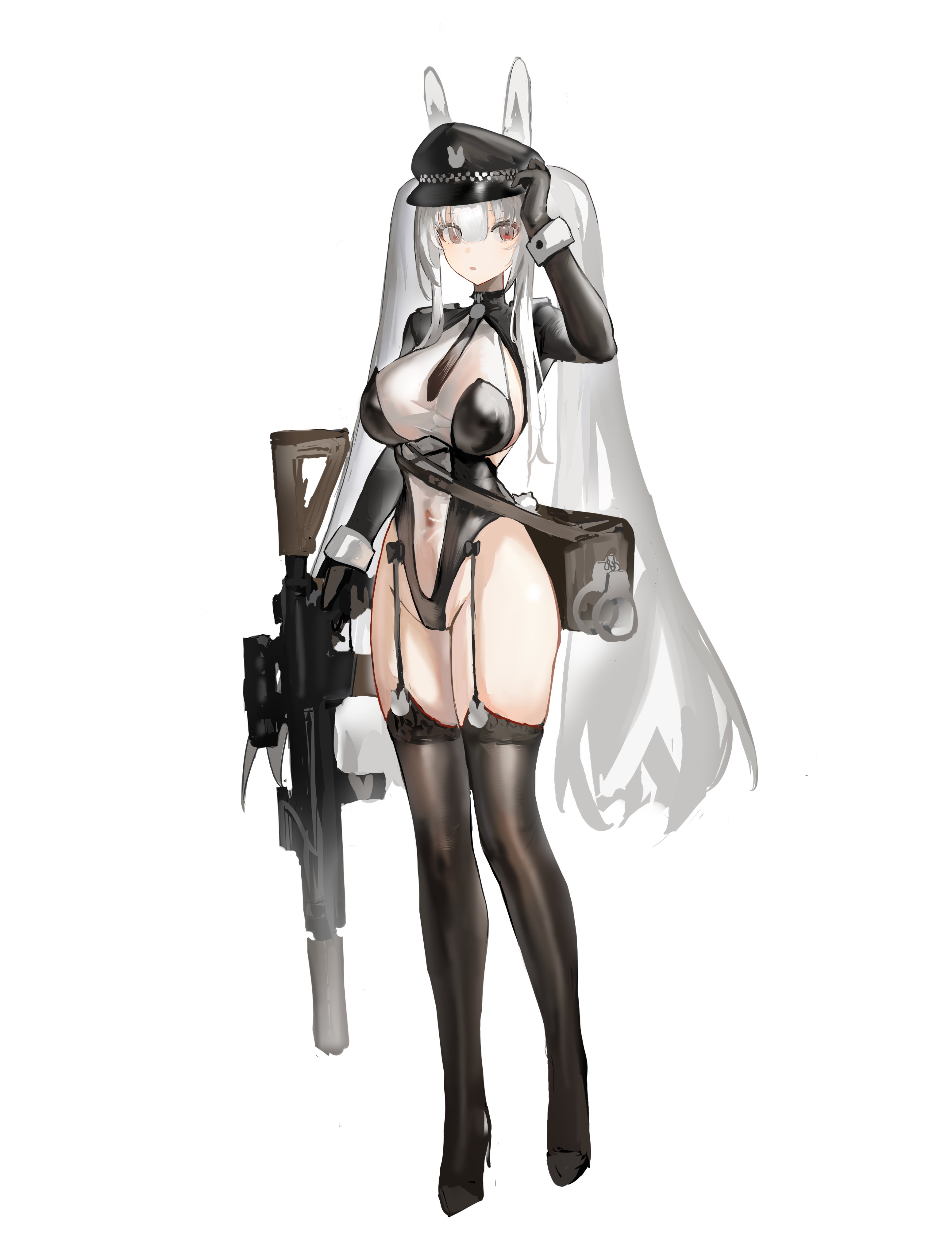 lump saury, original, absurdres, highres, 1girl, animal ears, black hat, black leotard, black necktie, black shoes, black shrug, black thighhighs, breasts, full body, gun, hand up, hat, high heels, holding, holding gun, holding weapon, large breasts, legs, leotard, long hair, long sidelocks, long sleeves, looking at viewer, navel, necktie, red eyes, see-through clothes, see-through leotard, shoes, shrug (clothing), sidelocks, simple background, solo, standing, tachi-e, thighhighs, thighs, twintails, weapon, white background, white wrist cuffs, wrist cuffs