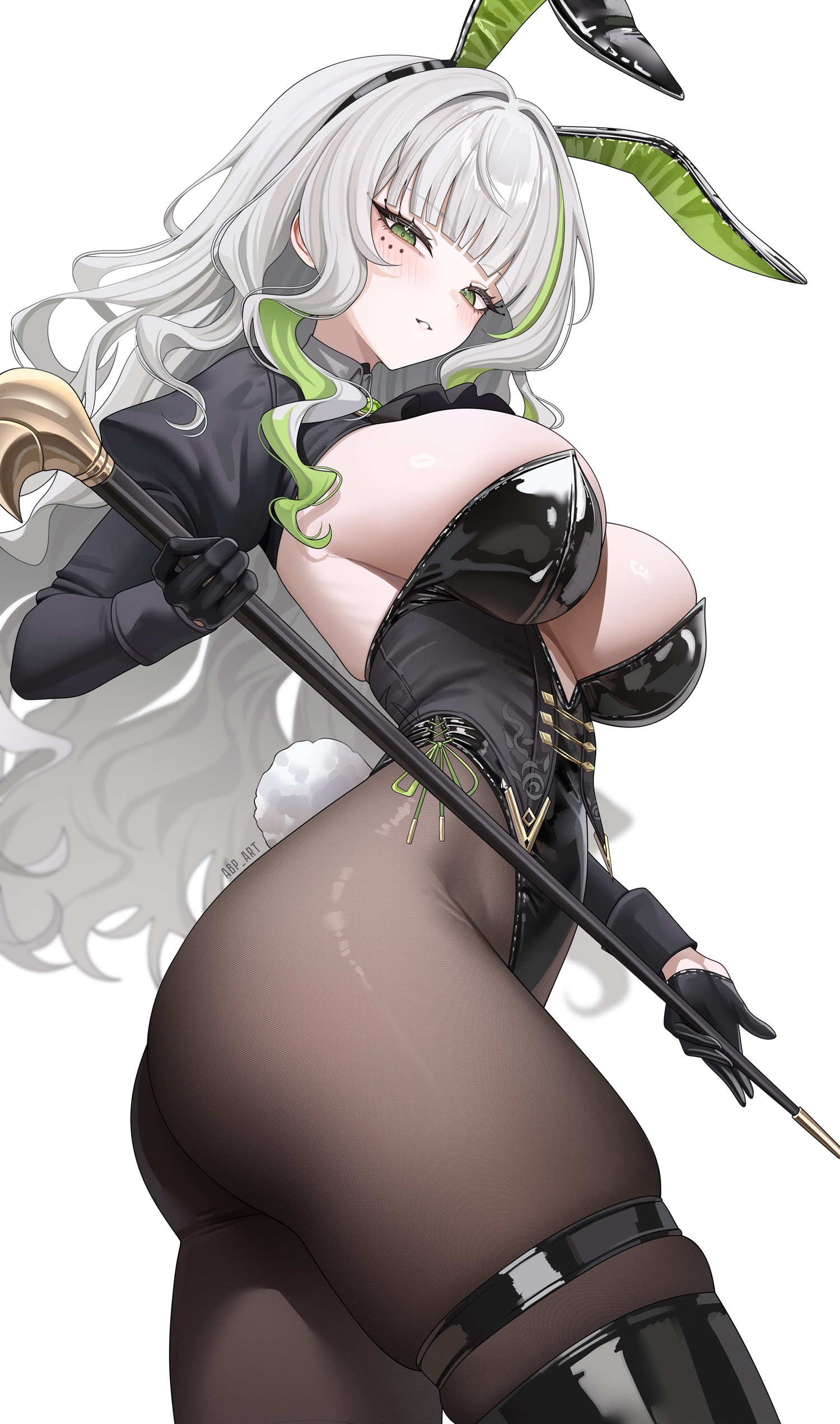 abpart, firenze (stella sora), stella sora, absurdres, commentary, english commentary, highres, mixed-language commentary, 1girl, alternate costume, animal ears, black leotard, breasts, brown pantyhose, cane, fake animal ears, green eyes, green hair, grey hair, holding, holding cane, large breasts, leotard, long sleeves, looking at viewer, multicolored hair, pantyhose, playboy bunny, puffy long sleeves, puffy sleeves, rabbit ears, simple background, solo, thighs, two-tone hair, white background, wide hips