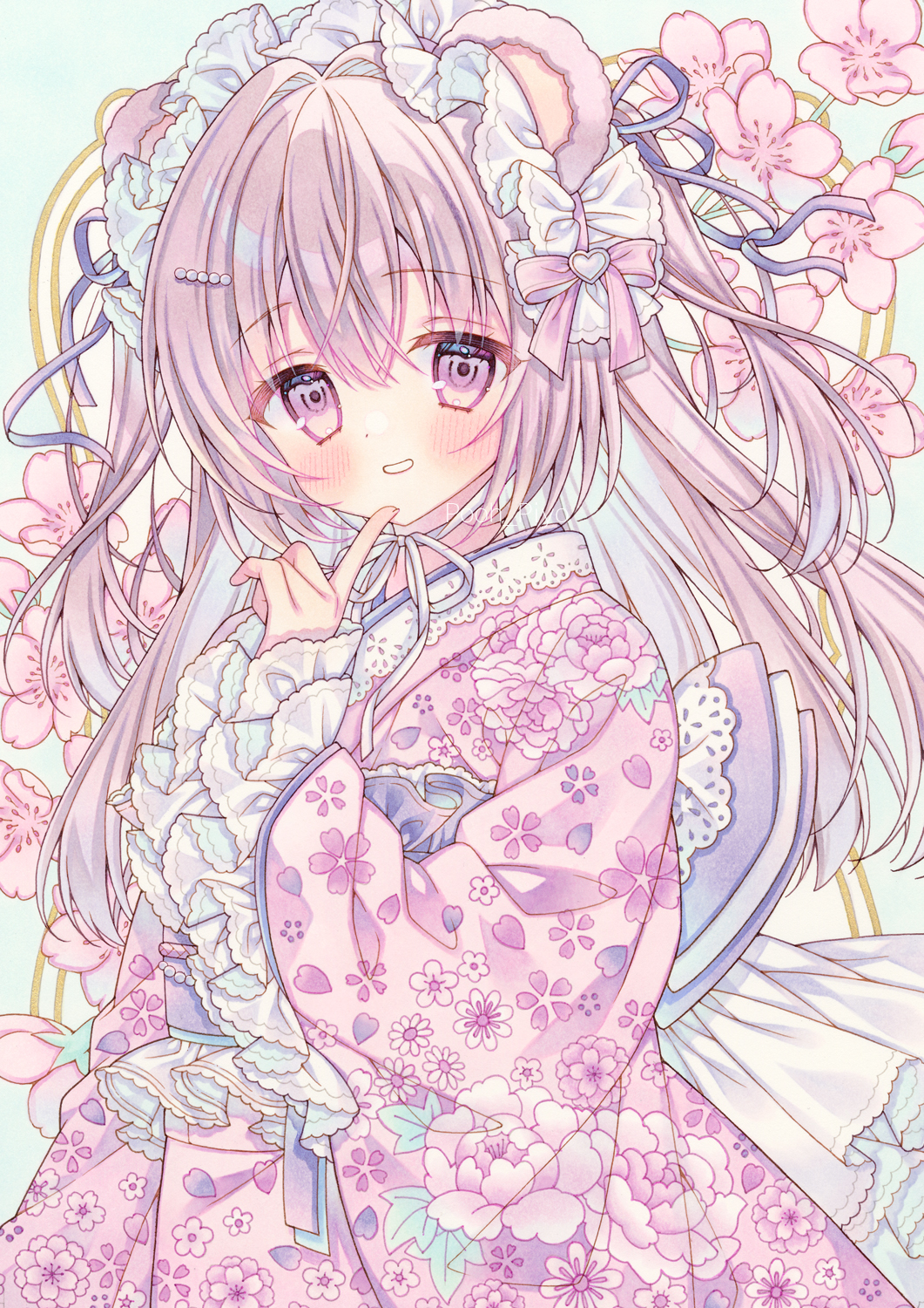 puu (kari—ume), original, commentary, highres, marker (medium), traditional media, 1girl, animal ears, back bow, bad anatomy, bad hands, blue background, blue hair, blush, bow, colored inner hair, floral print, floral print kimono, frilled kimono, frills, gradient bow, grin, hairband, japanese clothes, kimono, looking at viewer, multicolored hair, pink eyes, pink hair, pink kimono, print kimono, purple bow, simple background, smile, twintails, white hairband