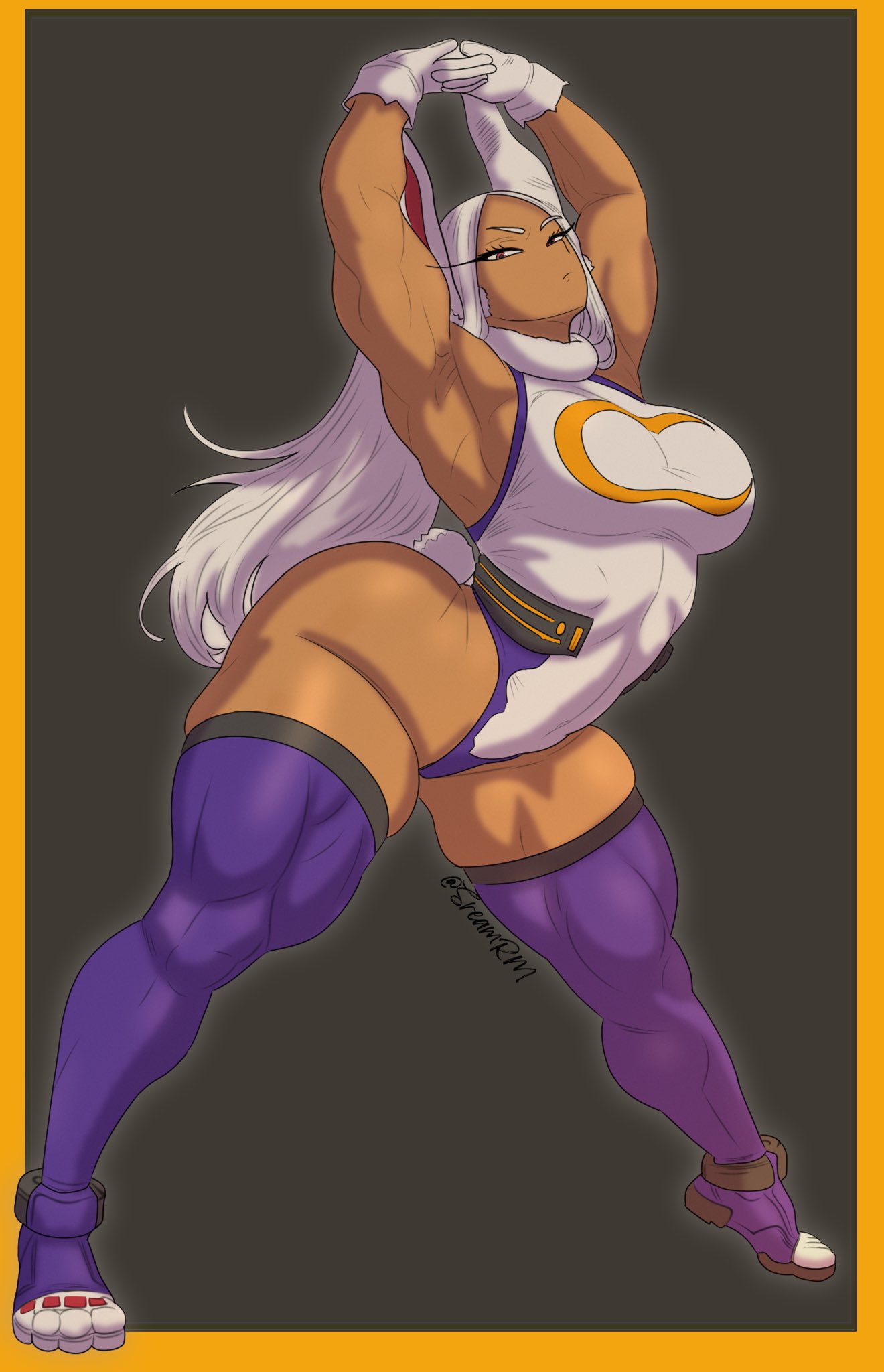 artsream, mirko, boku no hero academia, commentary, highres, symbol-only commentary, 1girl, animal ears, armpits, arms up, breasts, dark-skinned female, dark skin, gloves, large breasts, leotard, long eyelashes, long hair, looking at viewer, parted bangs, rabbit ears, rabbit girl, rabbit tail, red eyes, smile, solo, stretching, tail, thick thighs, thighhighs, thighs, toned, white hair