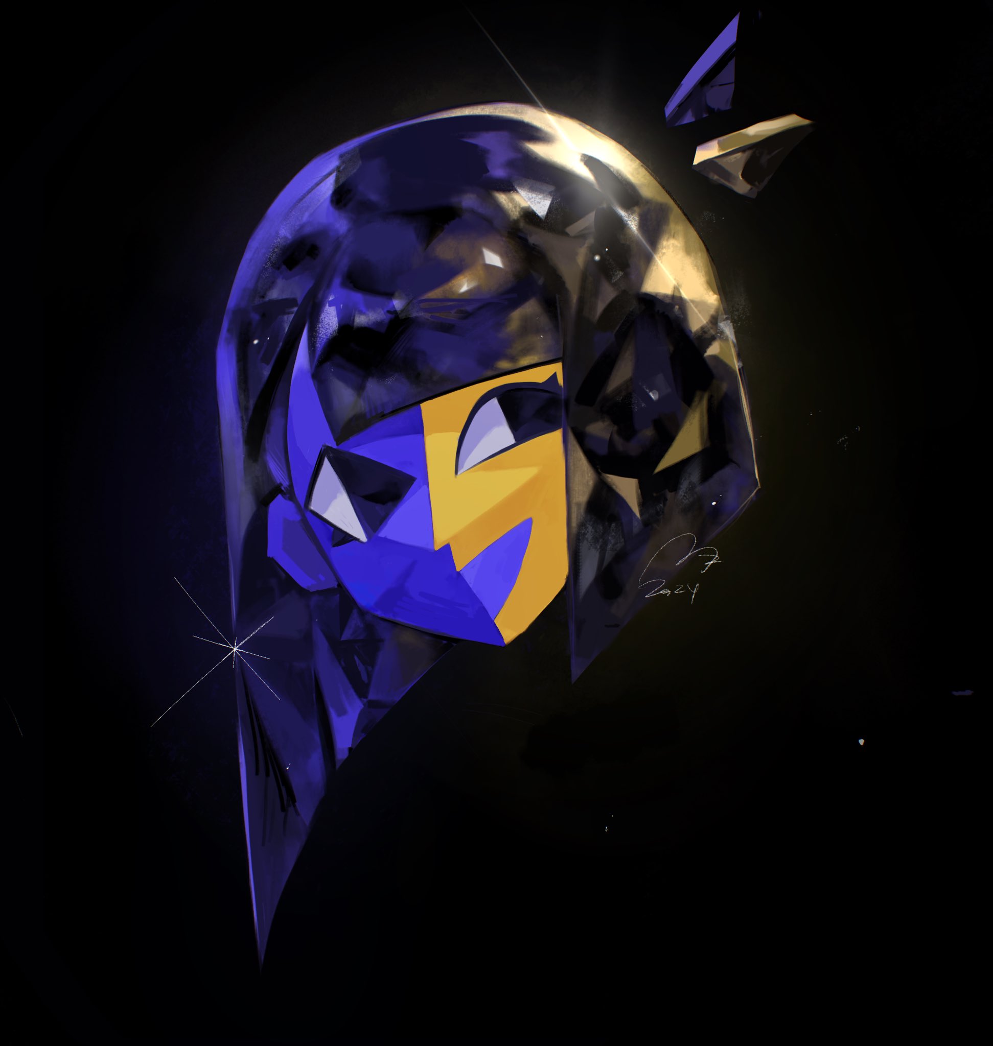 usagimarumei, ena (ena), happy ena, ena (series), ena (web series), commentary, english commentary, highres, 1girl, black background, black hair, blue skin, blunt bangs, blunt ends, colored skin, crystal hair, disembodied head, ena (species), floating head, multicolored skin, open mouth, simple background, smile, split-color skin, two-tone skin, yellow skin